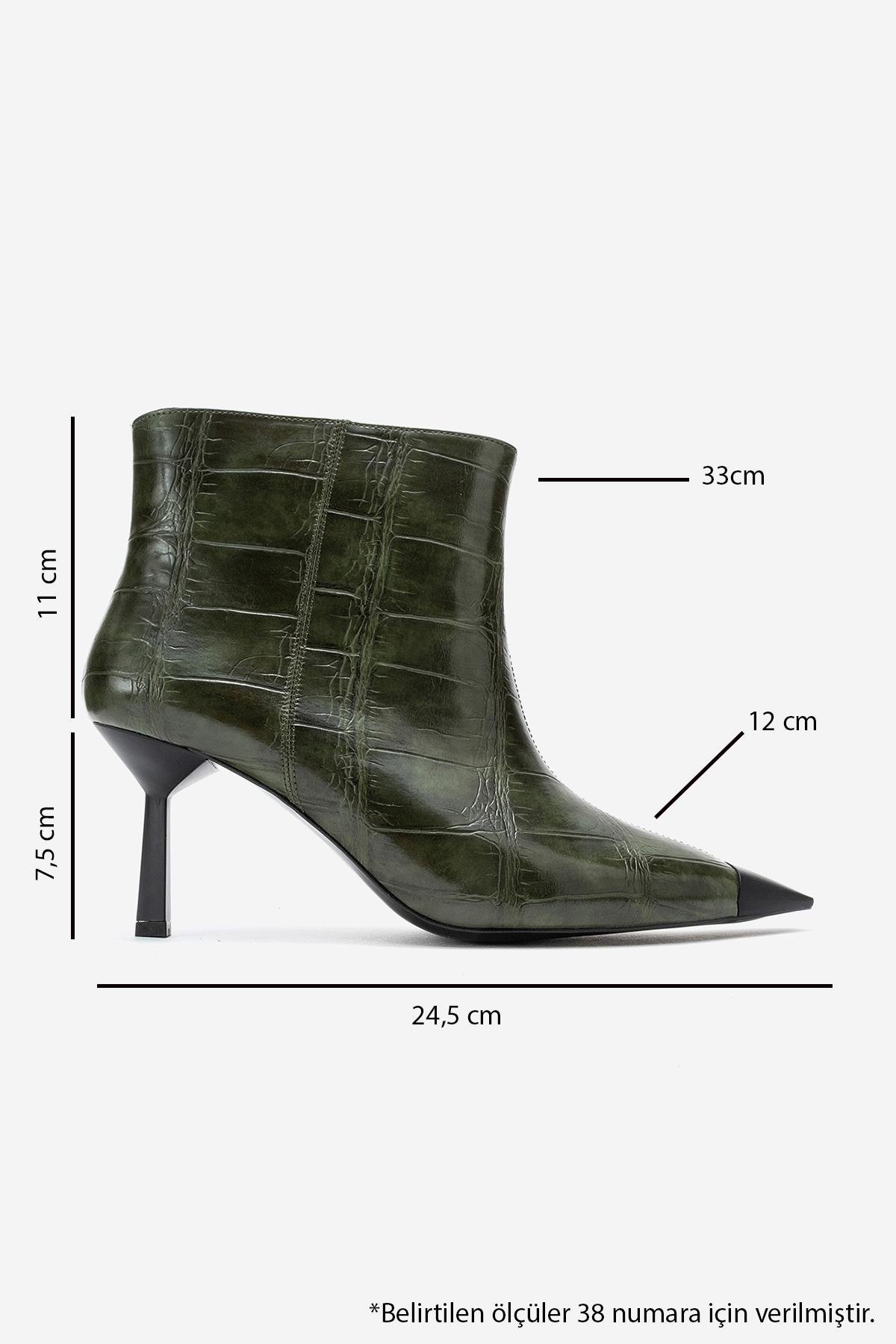 80-601-5-YESIL BASKIRASSEL Yeşil Baskı Mat Burunlu Kadın İnce Topuklu Bot