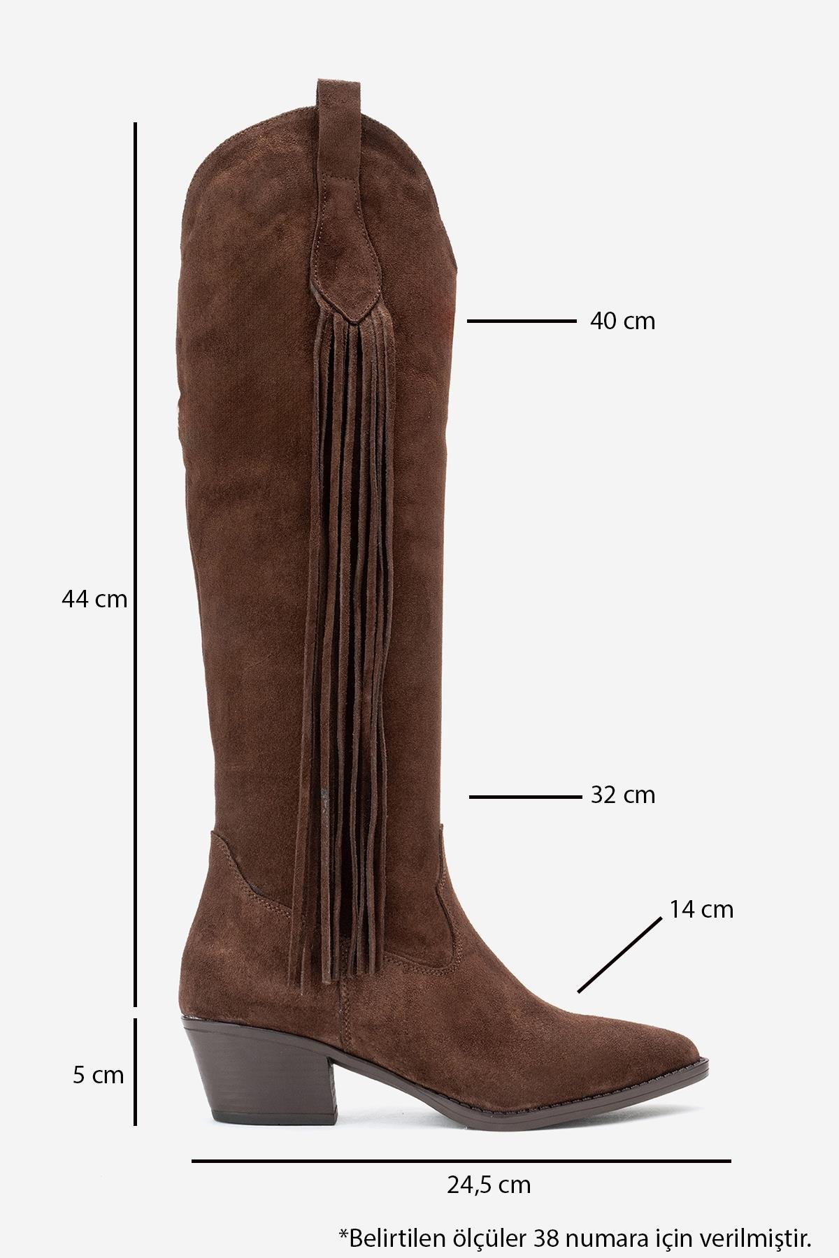 9-3018-3-KAHVERENGIRİOS Kahverengi Hakiki Deri Süet Püsküllü Kadın Kalın Topuklu Çizme