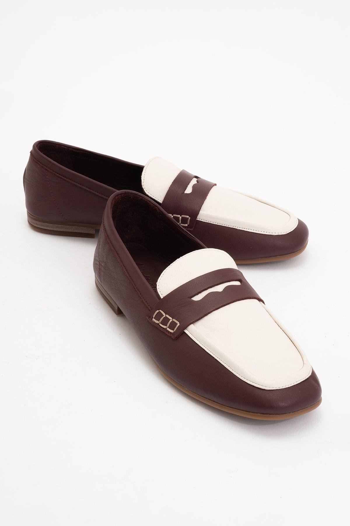 177-200-2-BORDO/BEYAZSKYE Bordo-Beyaz Hakiki Deri Küt Burun Kadın Loafer Ayakkabı