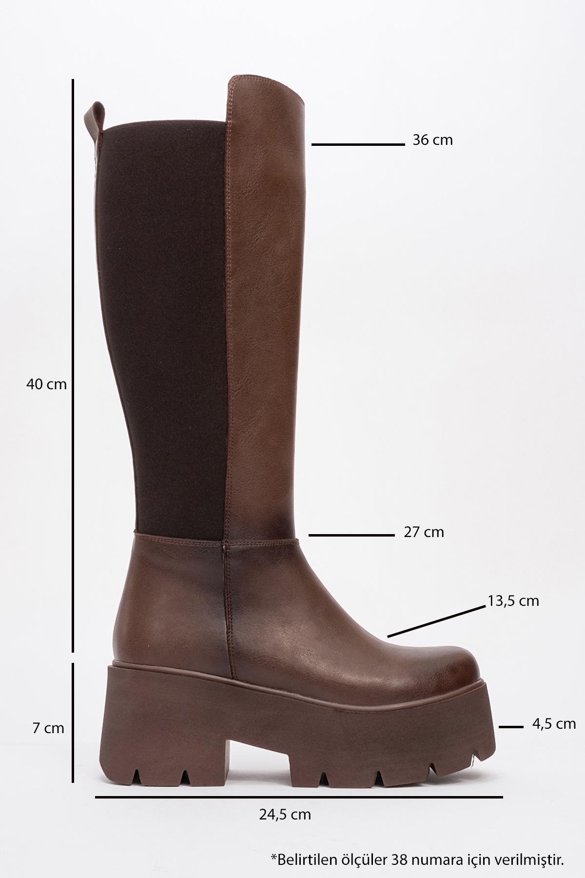 1-08K603-6-KAHVE CILTSOLO Kahve Cilt Lastikli Kadın Platform Topuklu Çizme