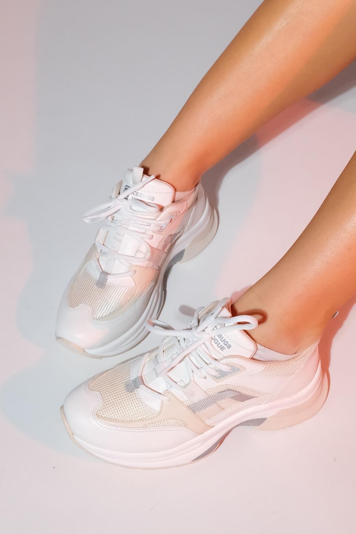 98-30165-4-BEYAZ/BEJSTERDA Beyaz Bej Kadın Kalın Taban Spor Sneakers