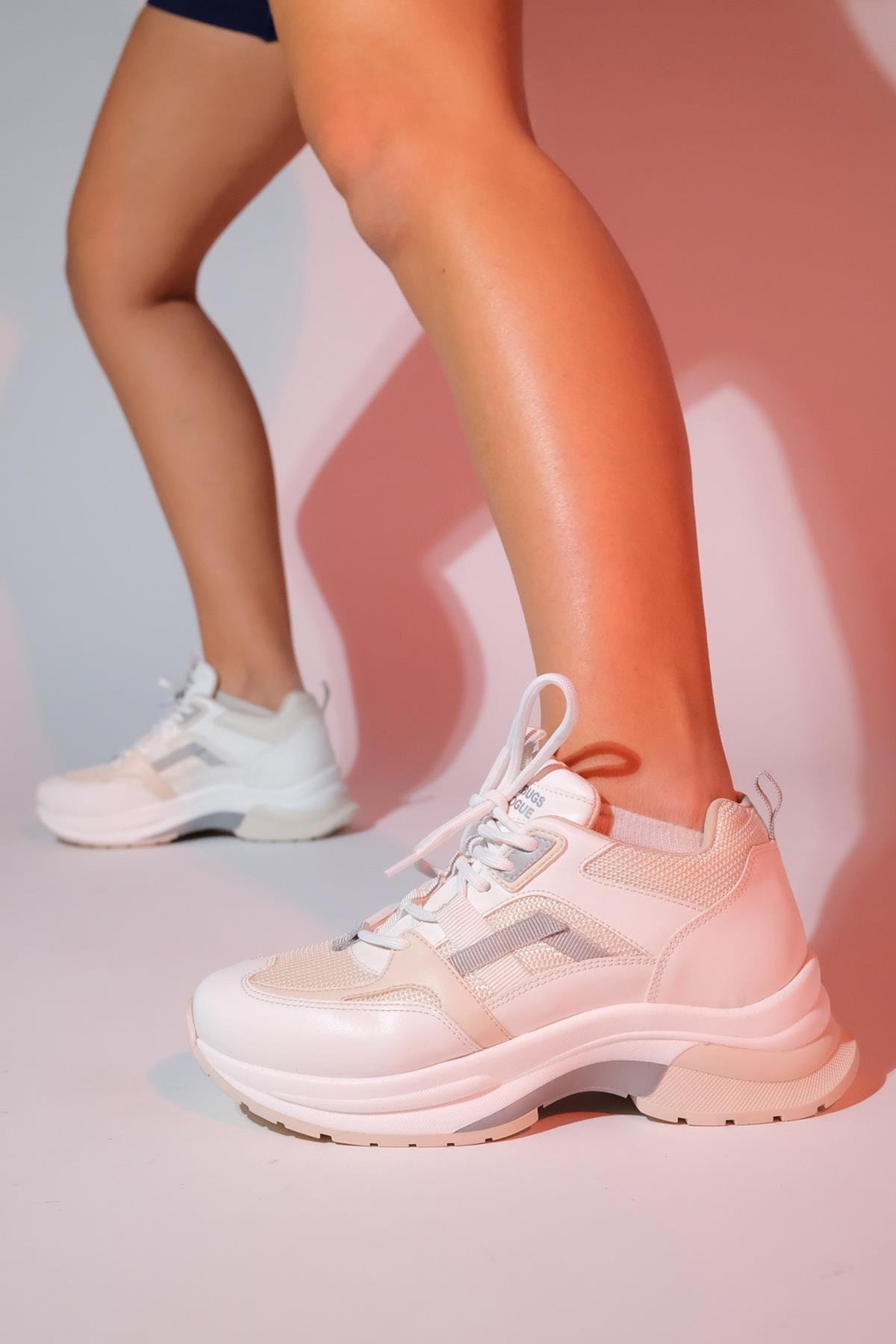 98-30165-4-BEYAZ/BEJSTERDA Beyaz Bej Kadın Kalın Taban Spor Sneakers