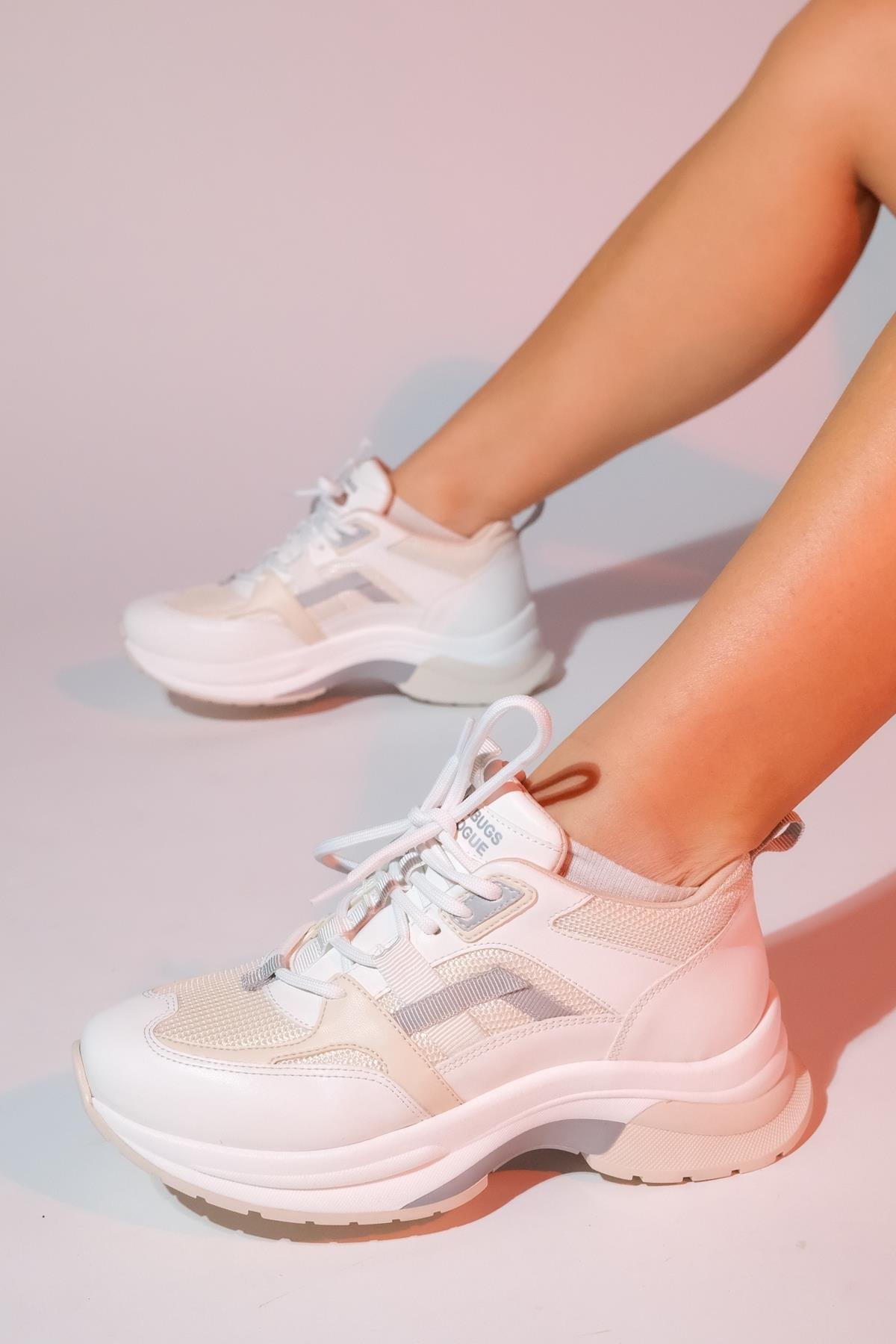 98-30165-4-BEYAZ/BEJSTERDA Beyaz Bej Kadın Kalın Taban Spor Sneakers