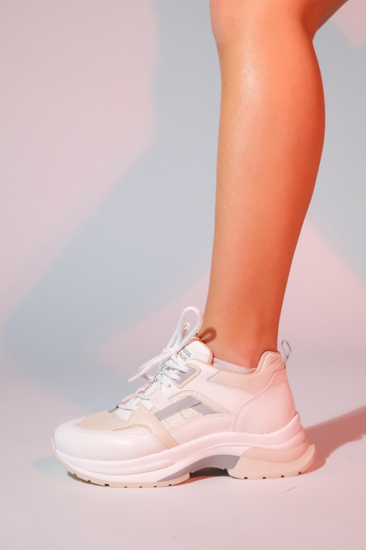 98-30165-4-BEYAZ/BEJSTERDA Beyaz Bej Kadın Kalın Taban Spor Sneakers