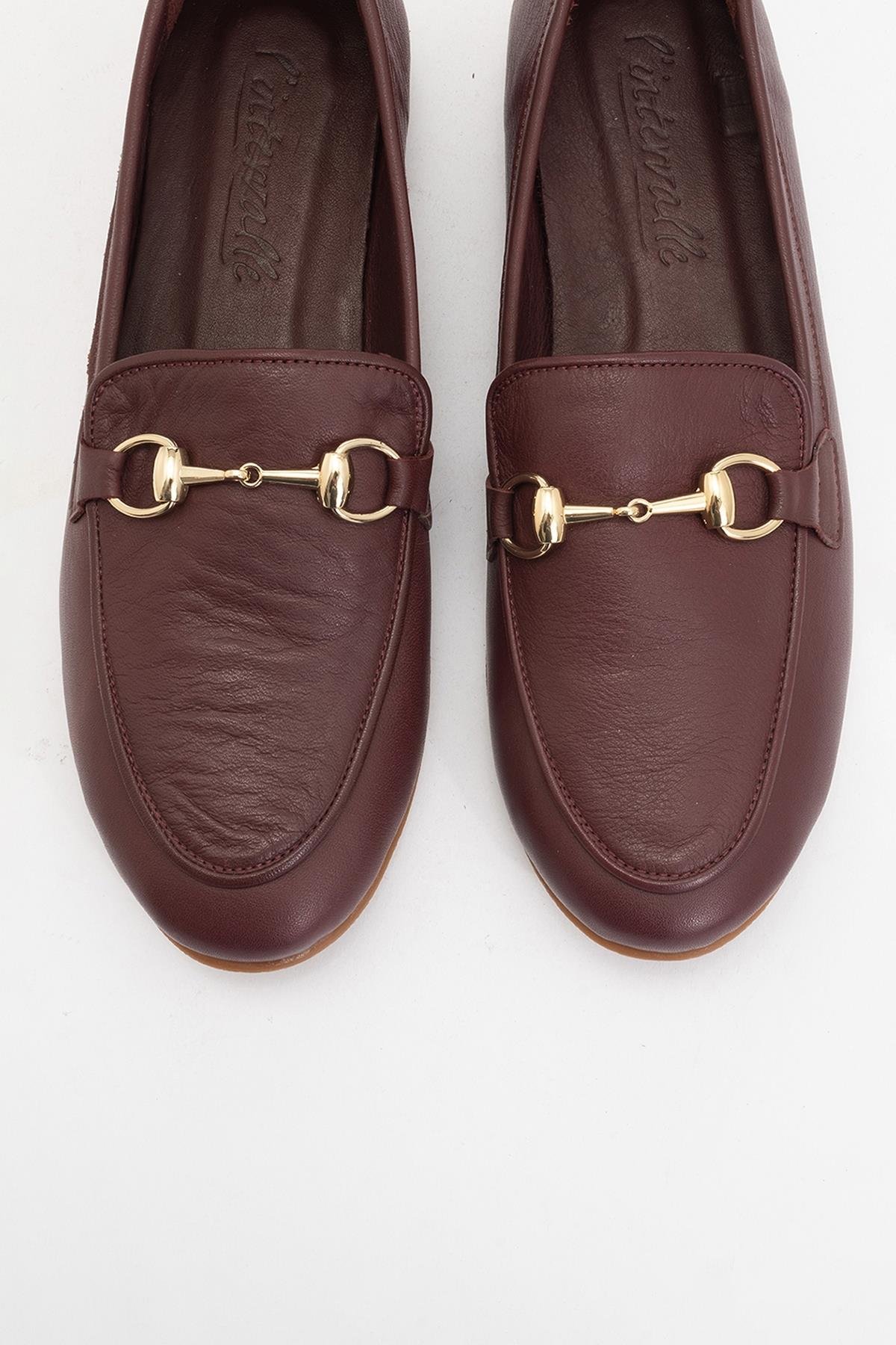 177-2056-2-BORDO CILTTREXIE Bordo Cilt Hakiki Deri Tokalı Kadın Loafer Ayakkabı