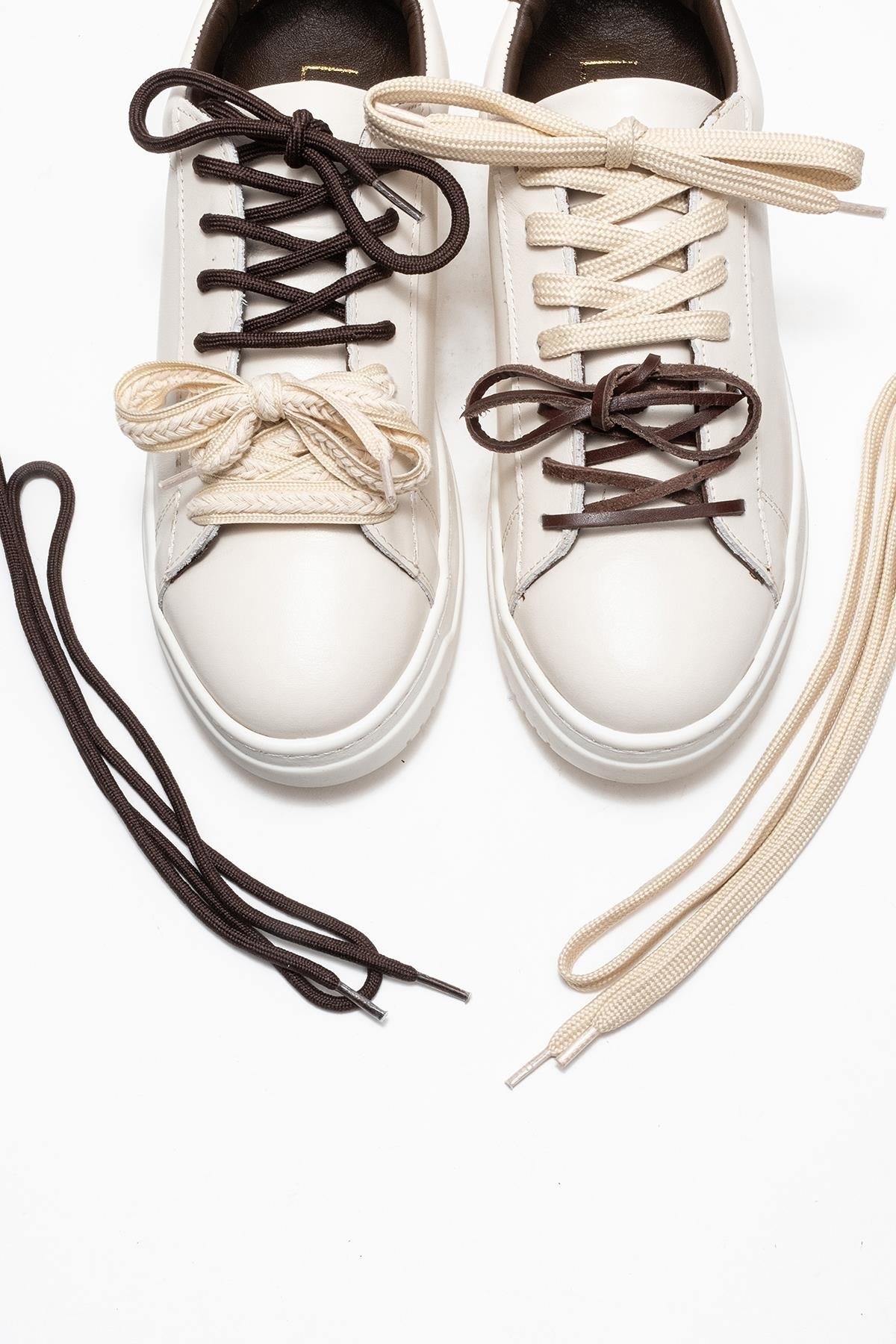 223-25100-1-EKRU/KAHVERENGIWARRON Ekru Kahverengi Hakiki Deri Kadın Sneakers
