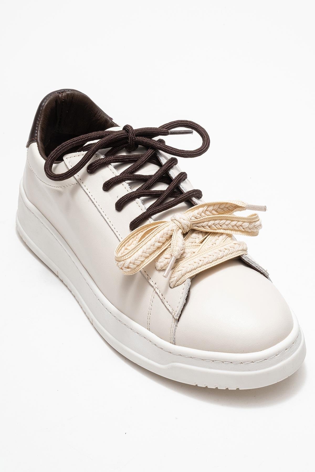 223-25100-1-EKRU/KAHVERENGIWARRON Ekru Kahverengi Hakiki Deri Kadın Sneakers