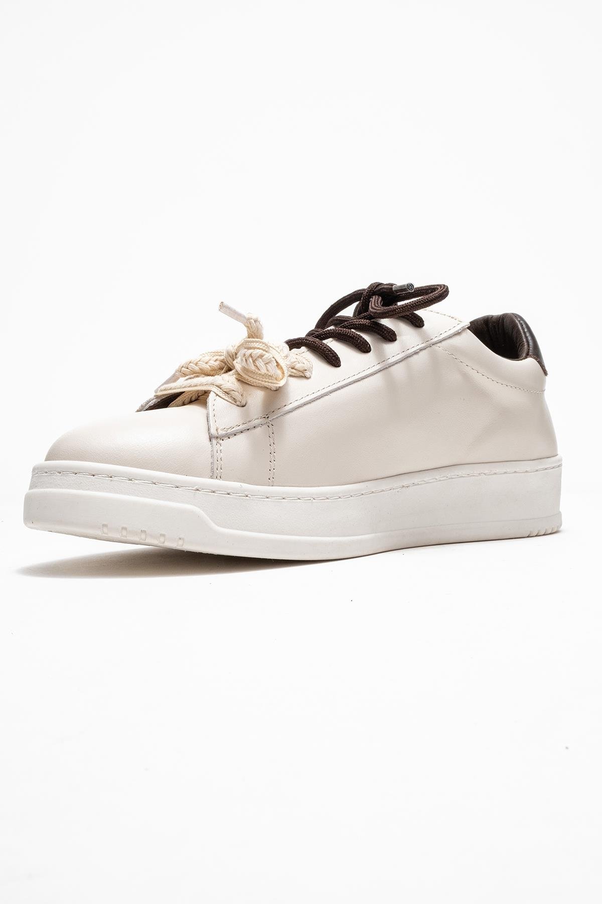 223-25100-1-EKRU/KAHVERENGIWARRON Ekru Kahverengi Hakiki Deri Kadın Sneakers