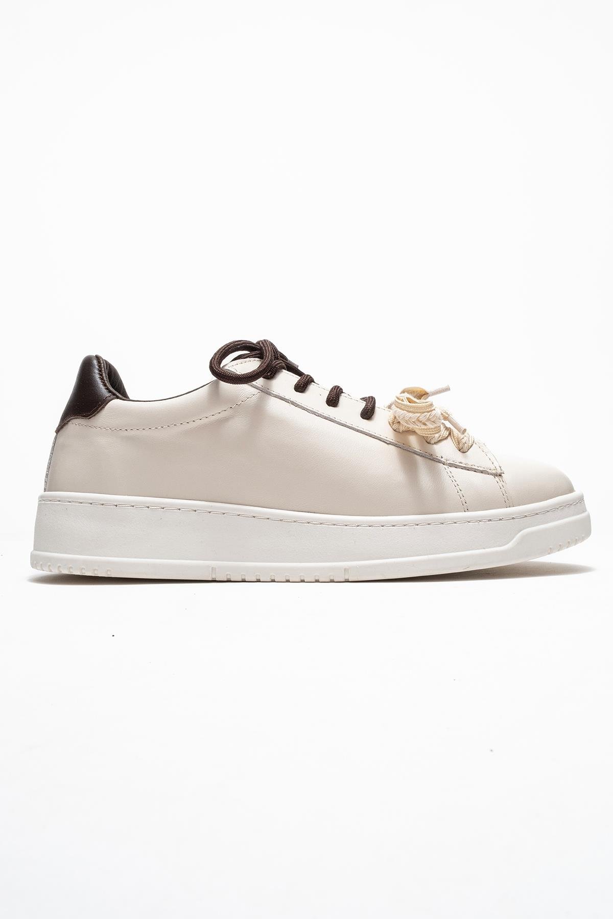 223-25100-1-EKRU/KAHVERENGIWARRON Ekru Kahverengi Hakiki Deri Kadın Sneakers