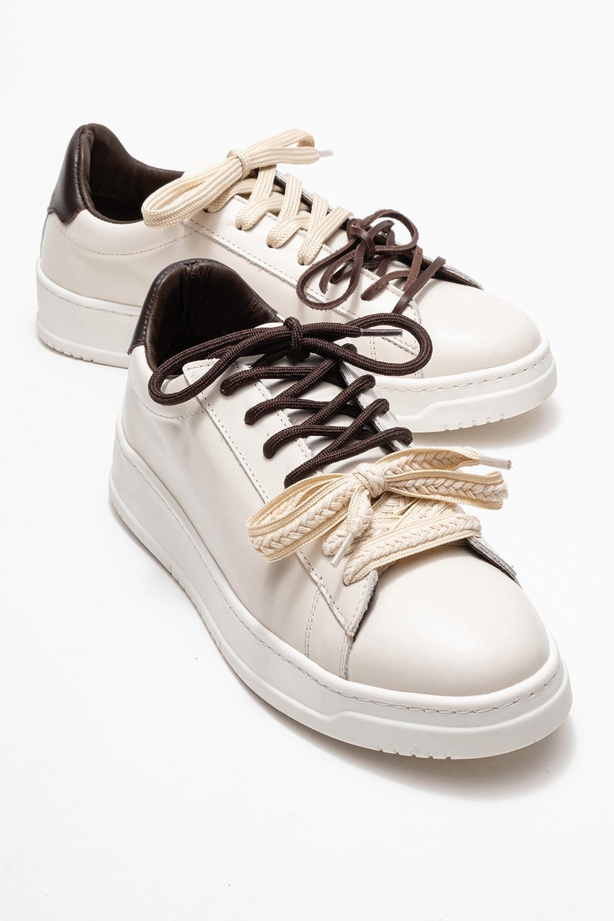 223-25100-1-EKRU/KAHVERENGIWARRON Ekru Kahverengi Hakiki Deri Kadın Sneakers