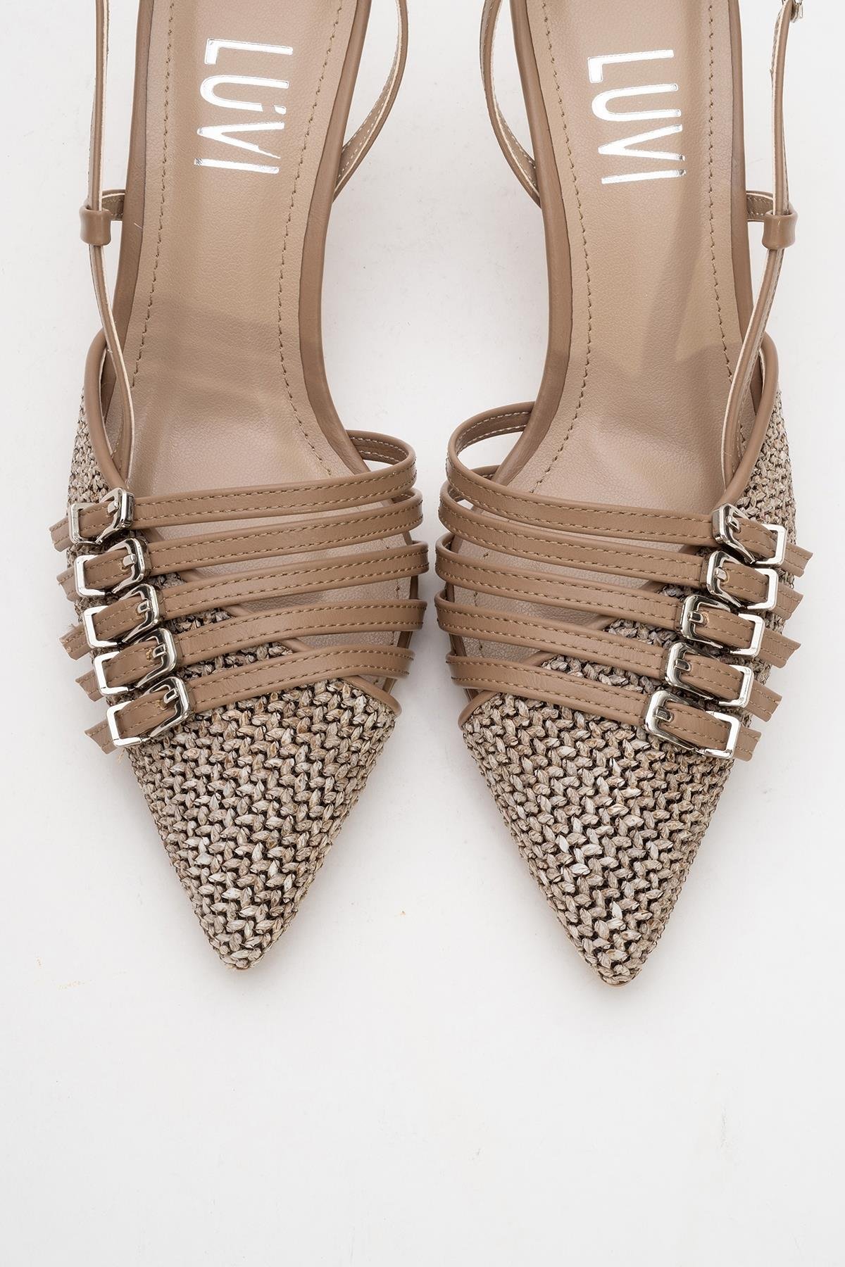 124-5625-2-KOYU BEJZENİTH Koyu Bej Hasır Bantlı Tokalı Kadın Topuklu Ayakkabı