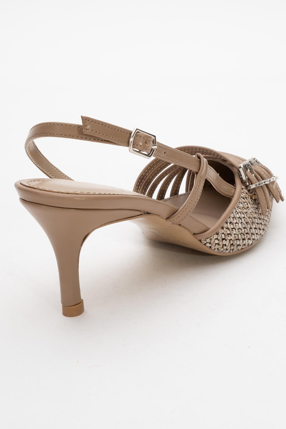 124-5625-2-KOYU BEJZENİTH Koyu Bej Hasır Bantlı Tokalı Kadın Topuklu Ayakkabı