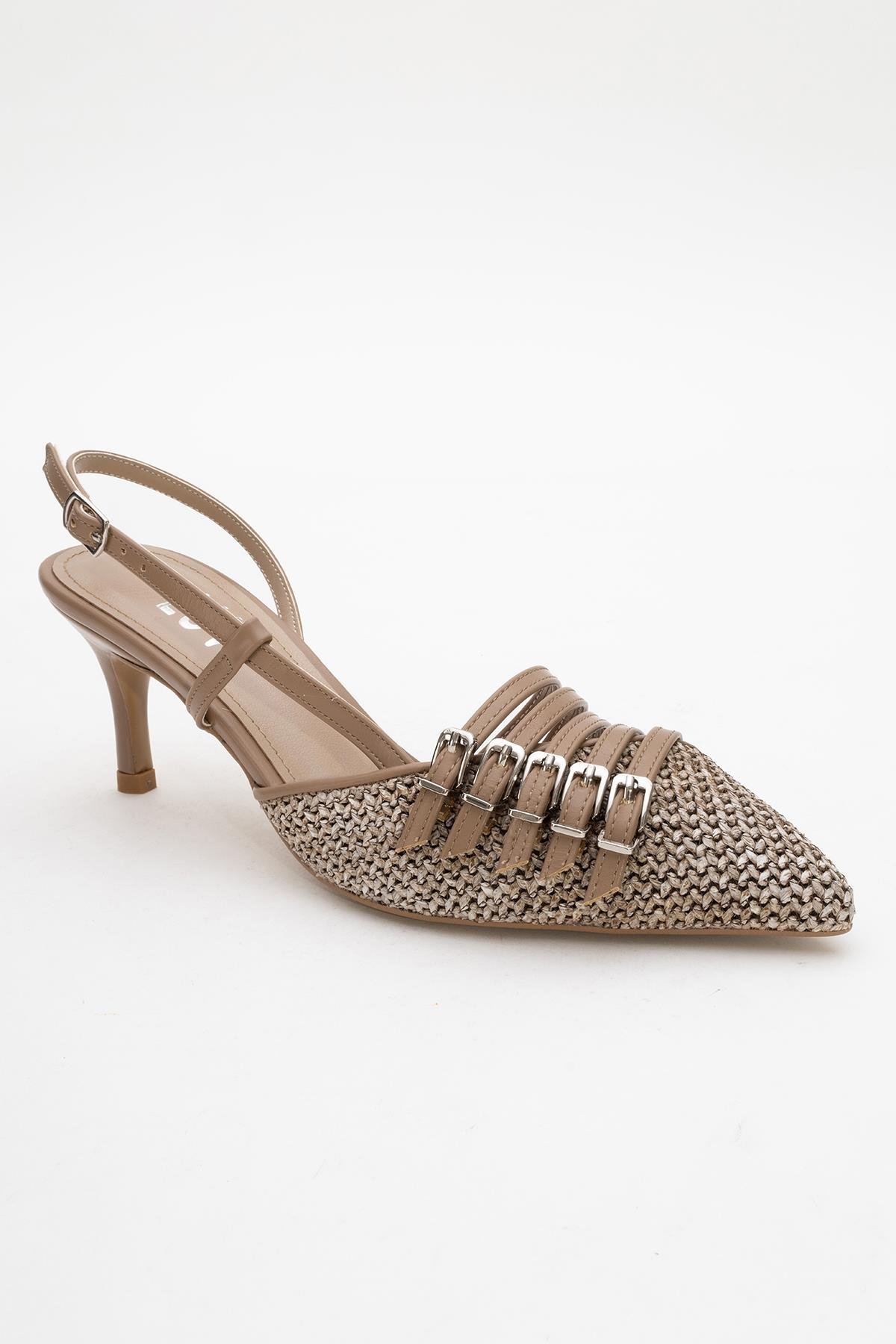 124-5625-2-KOYU BEJZENİTH Koyu Bej Hasır Bantlı Tokalı Kadın Topuklu Ayakkabı