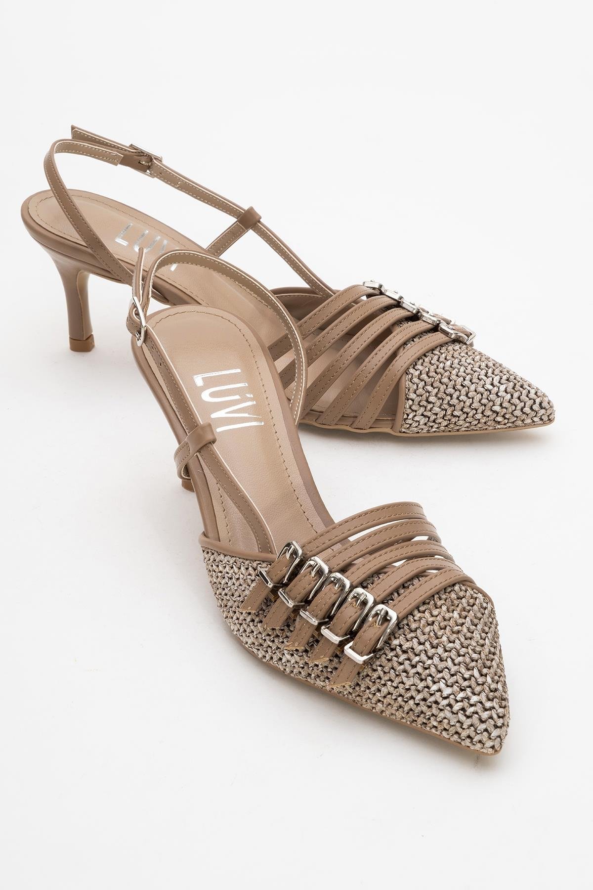 124-5625-2-KOYU BEJZENİTH Koyu Bej Hasır Bantlı Tokalı Kadın Topuklu Ayakkabı