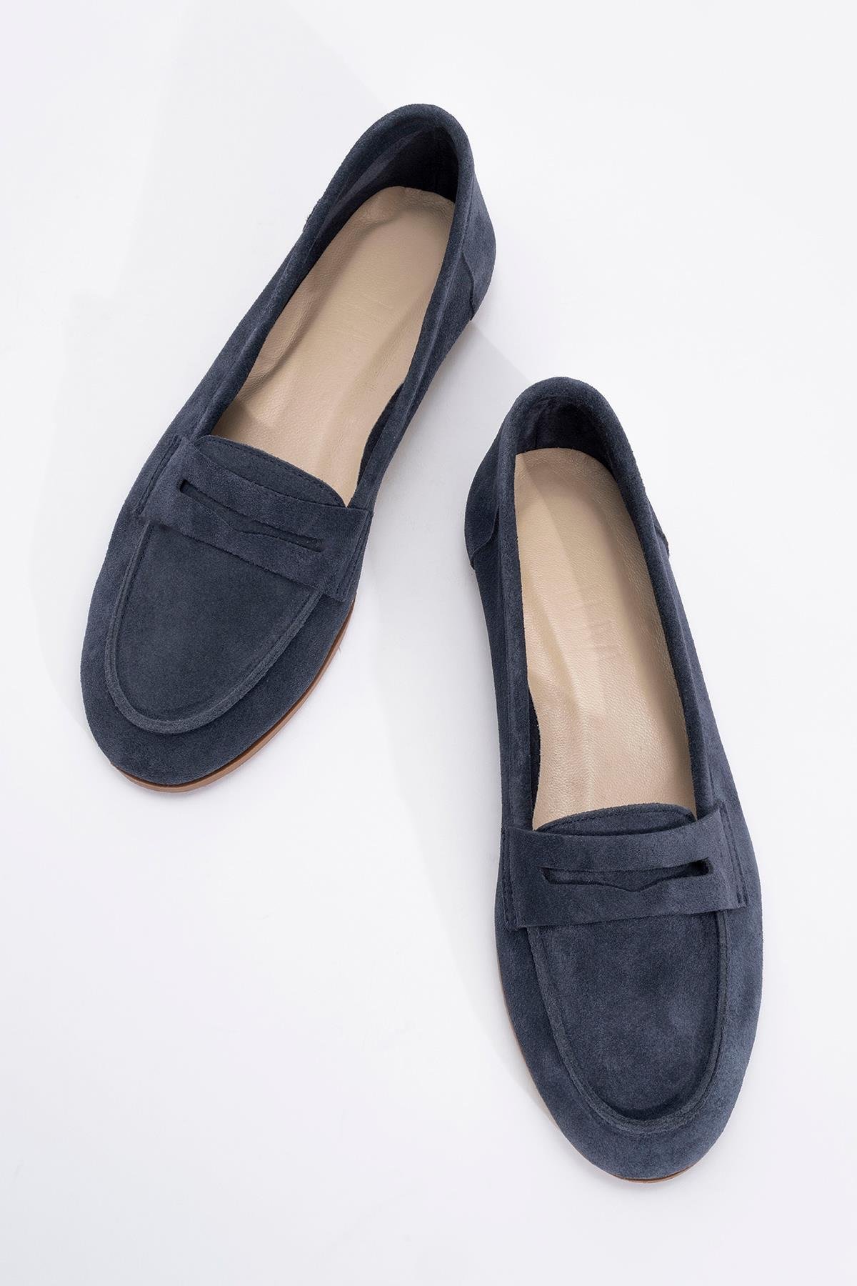 63-F02-6F02 Kot Süet Hakiki Deri Kadın Loafer Ayakkabı