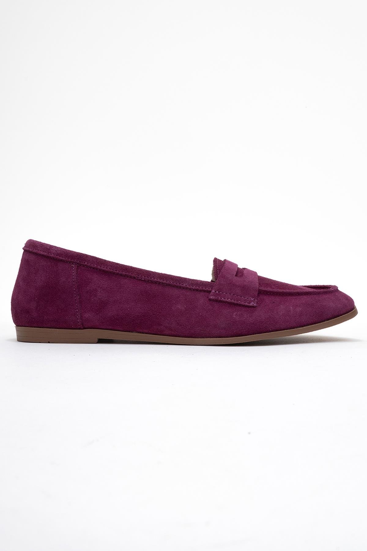 63-F02-45F02 Mor Süet Hakiki Deri Kadın Loafer Ayakkabı