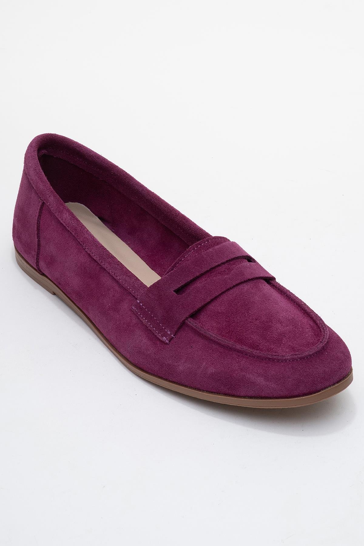 63-F02-45F02 Mor Süet Hakiki Deri Kadın Loafer Ayakkabı