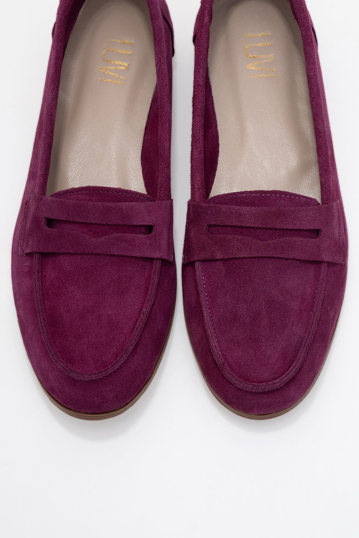 63-F02-45F02 Mor Süet Hakiki Deri Kadın Loafer Ayakkabı