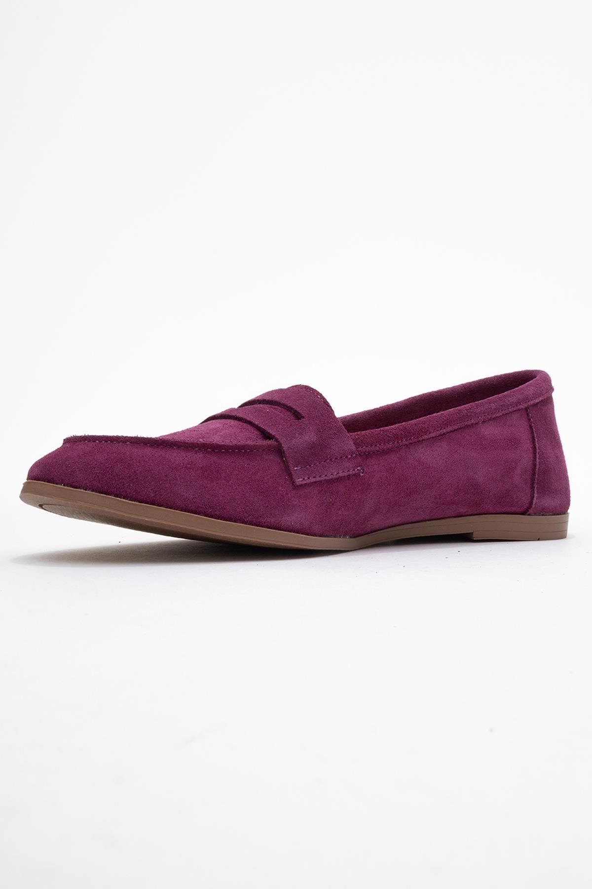 63-F02-45F02 Mor Süet Hakiki Deri Kadın Loafer Ayakkabı