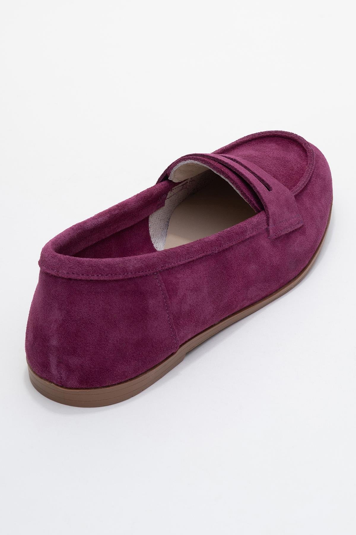 63-F02-45F02 Mor Süet Hakiki Deri Kadın Loafer Ayakkabı