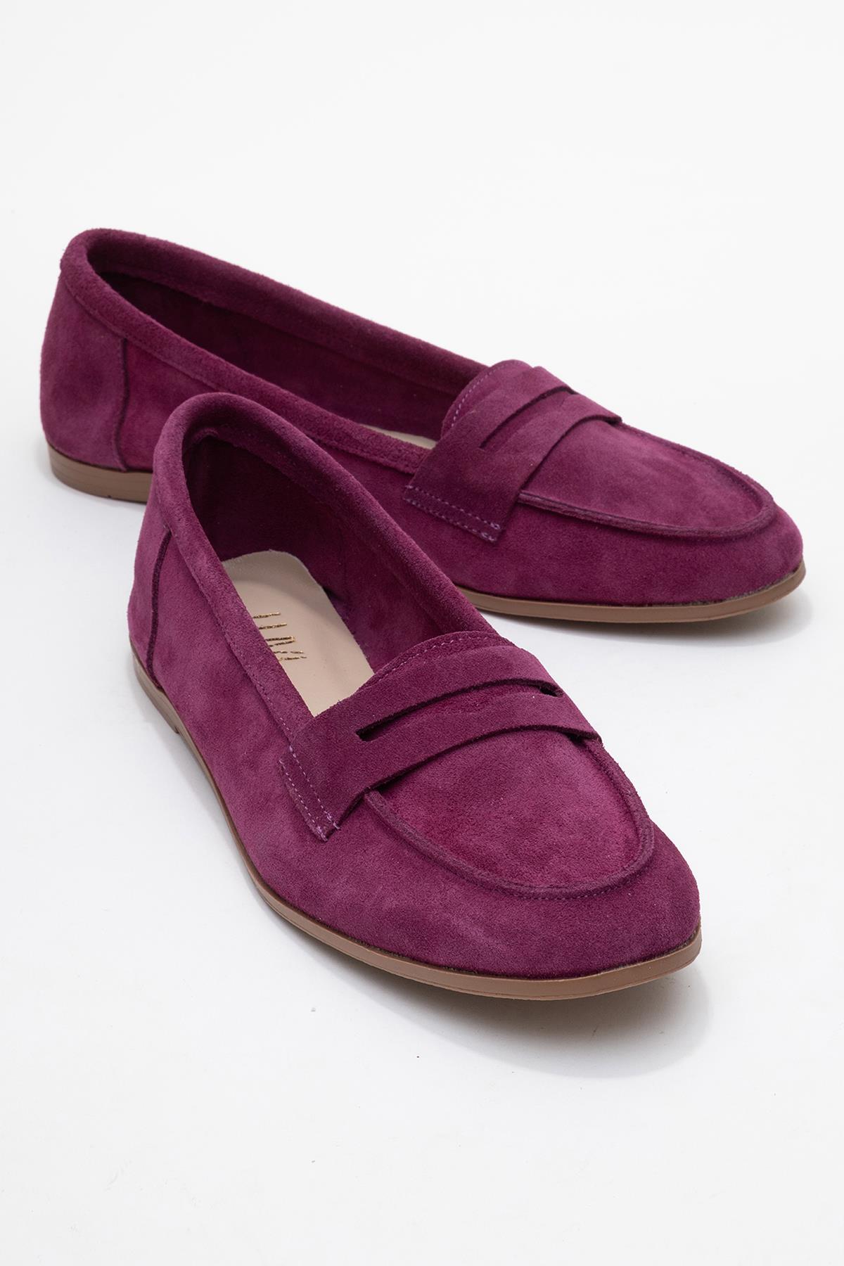 63-F02-45F02 Mor Süet Hakiki Deri Kadın Loafer Ayakkabı