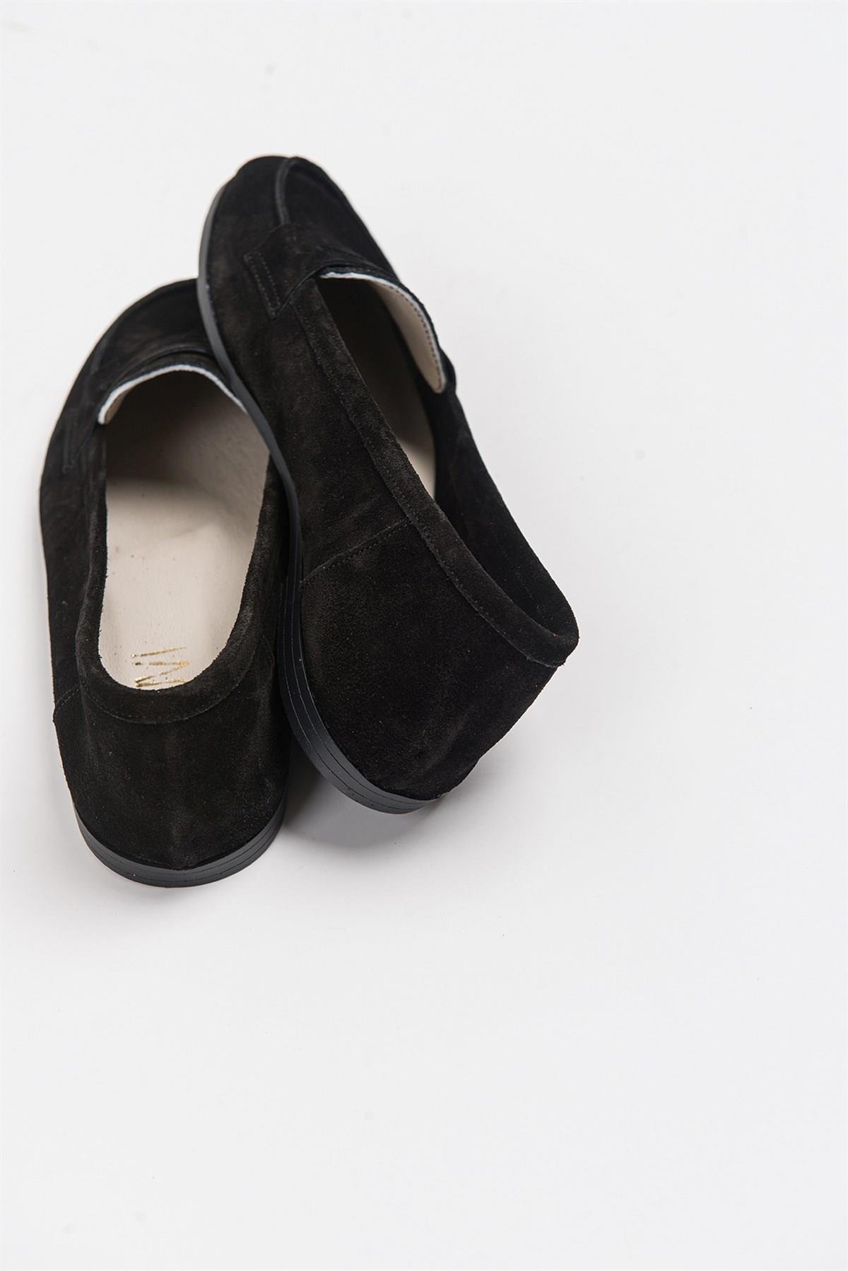 63-F02-24F02 Siyah Süet Hakiki Deri Kadın Loafer Ayakkabı