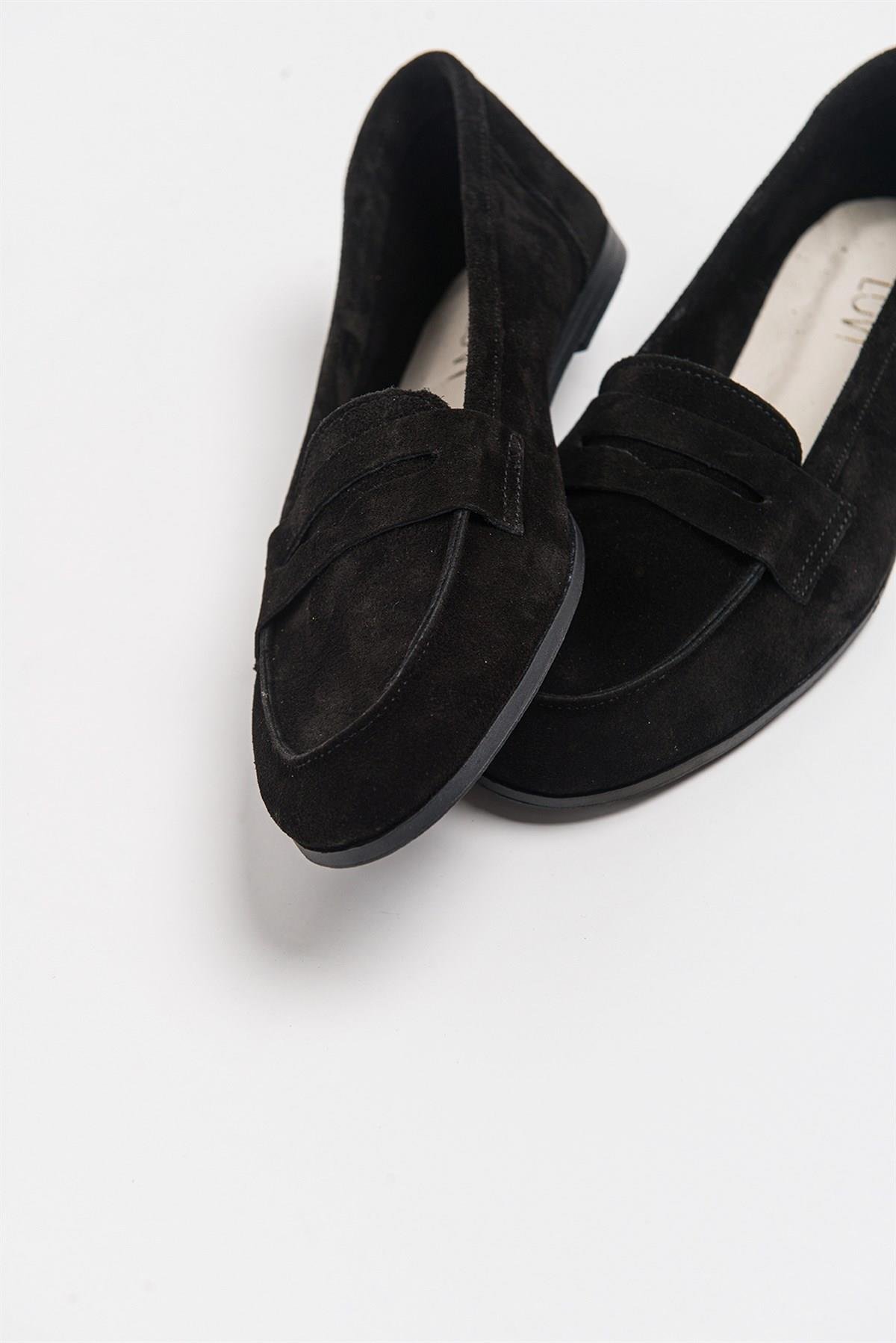 63-F02-24F02 Siyah Süet Hakiki Deri Kadın Loafer Ayakkabı