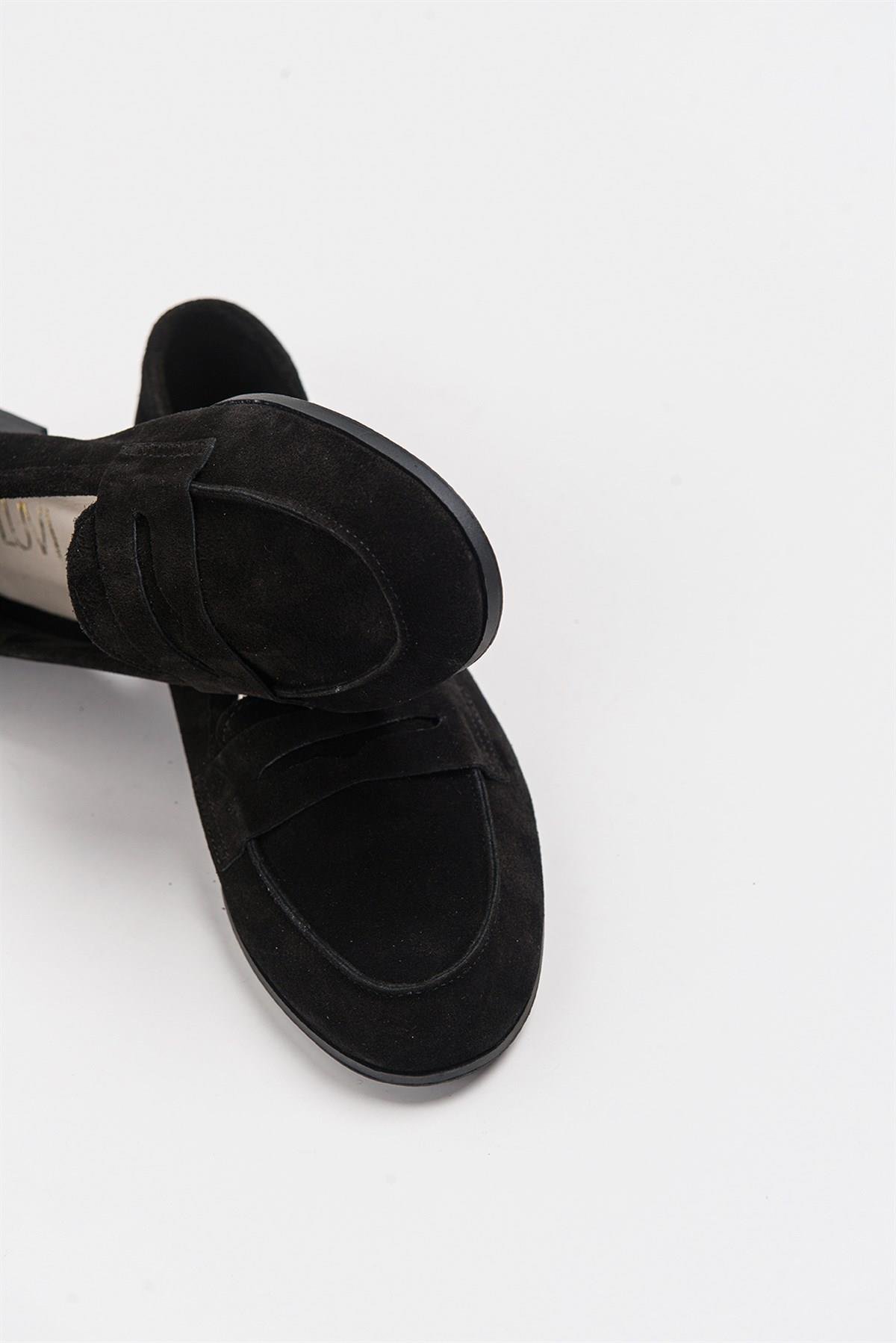 63-F02-24F02 Siyah Süet Hakiki Deri Kadın Loafer Ayakkabı