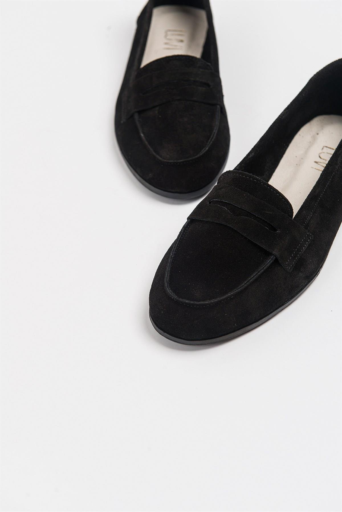 63-F02-24F02 Siyah Süet Hakiki Deri Kadın Loafer Ayakkabı
