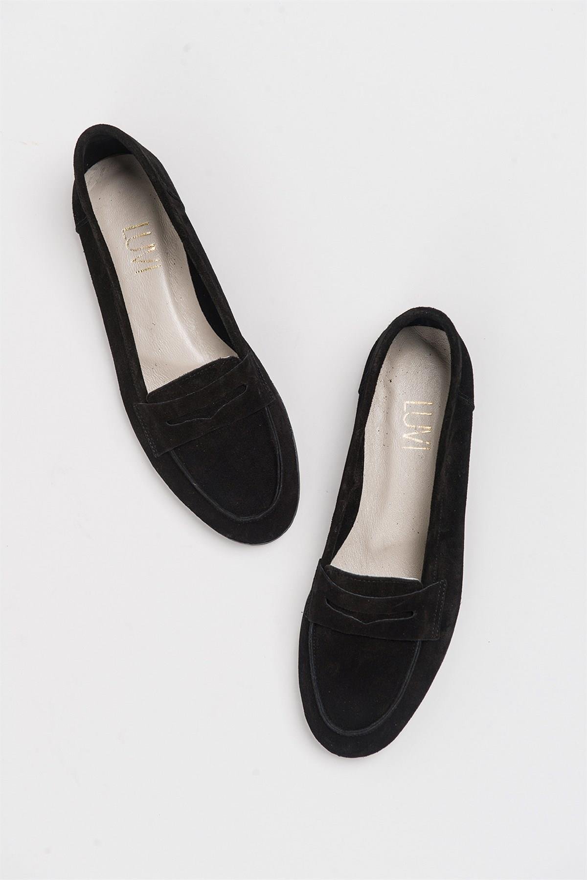 63-F02-24F02 Siyah Süet Hakiki Deri Kadın Loafer Ayakkabı
