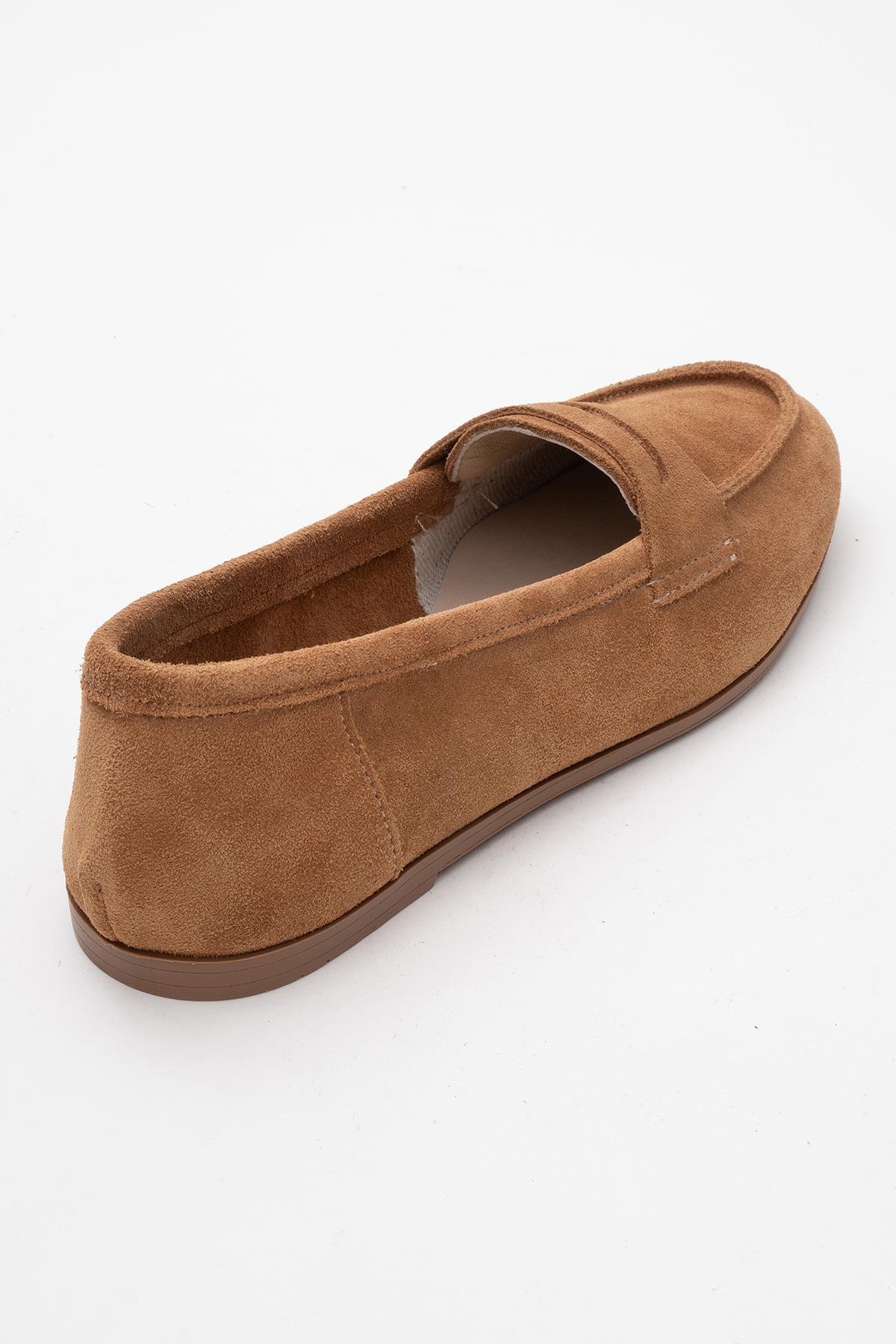 63-F02-14F02 Toprak Süet Hakiki Deri Kadın Loafer Ayakkabı