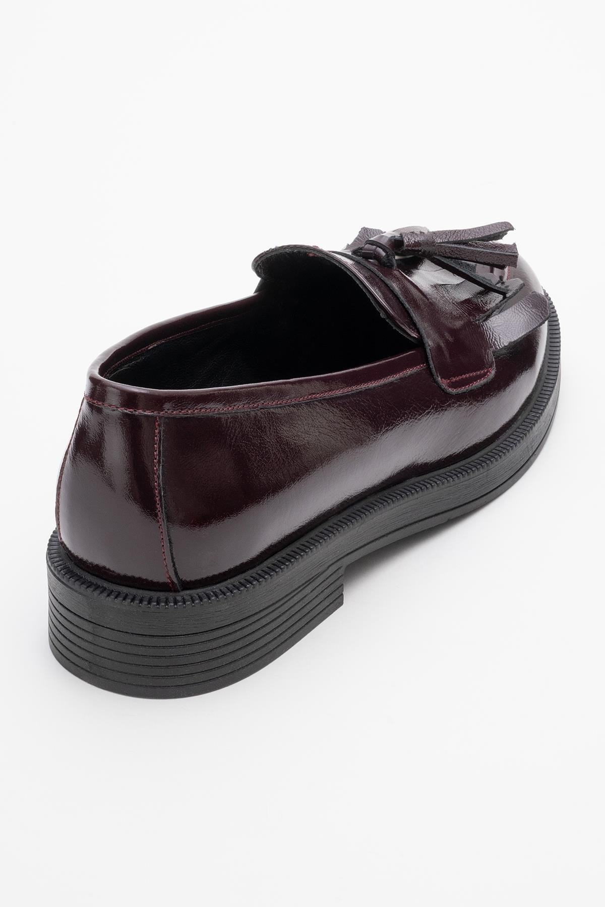 139-01-2-BORDO RUGANMİLİNA Bordo Rugan Püsküllü Hakiki Deri Kadın Loafer Ayakkabı