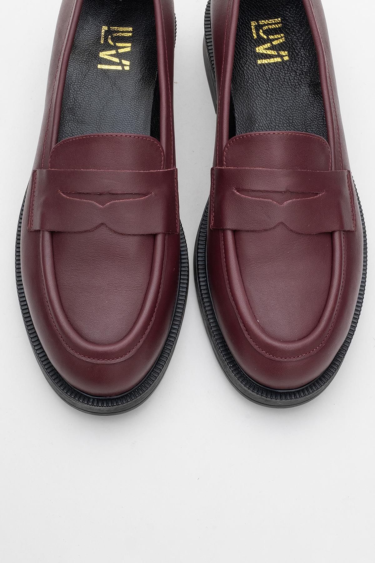 139-03-7-BORDO CILTPLİNE Bordo Cilt Hakiki Deri Kadın Loafer Ayakkabı