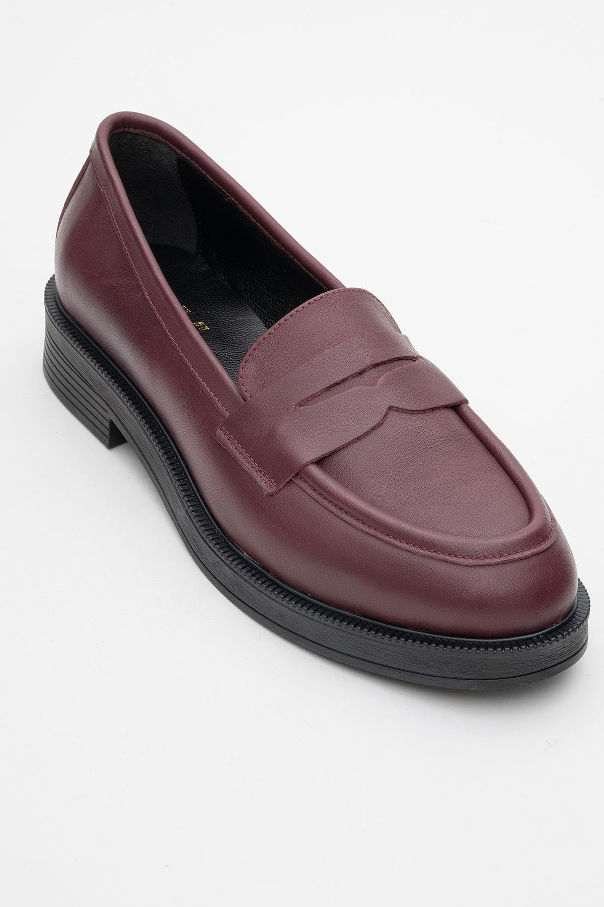 139-03-7-BORDO CILTPLİNE Bordo Cilt Hakiki Deri Kadın Loafer Ayakkabı