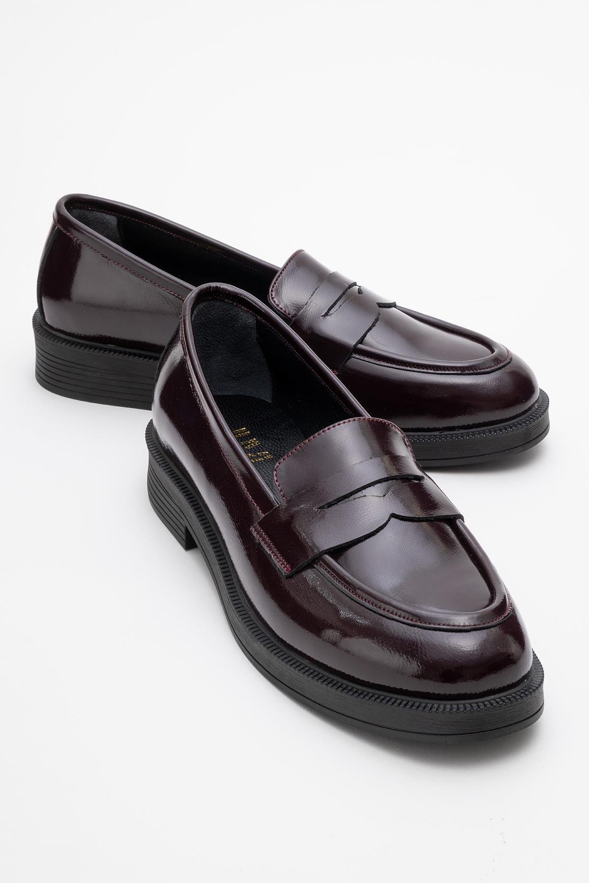 139-03-4-BORDO RUGANPLİNE Bordo Rugan Hakiki Deri Kadın Loafer Ayakkabı