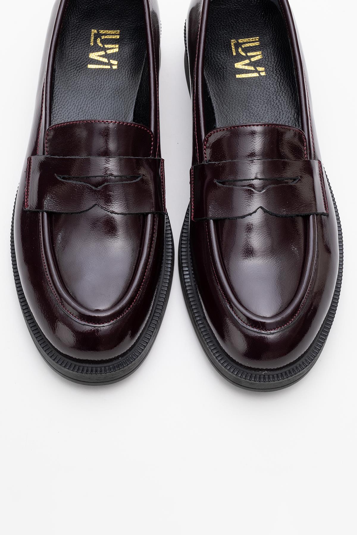 139-03-4-BORDO RUGANPLİNE Bordo Rugan Hakiki Deri Kadın Loafer Ayakkabı