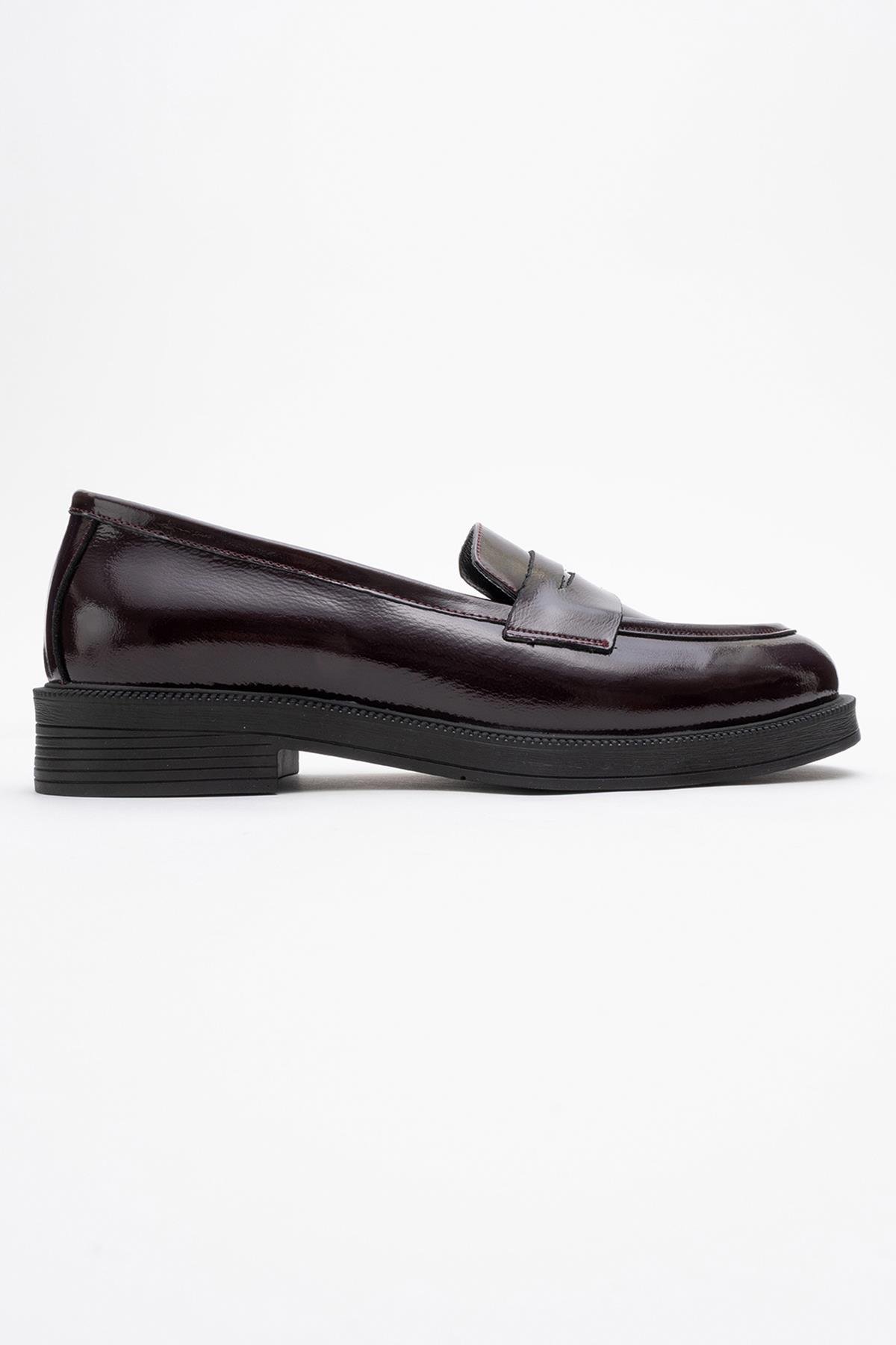 139-03-4-BORDO RUGANPLİNE Bordo Rugan Hakiki Deri Kadın Loafer Ayakkabı