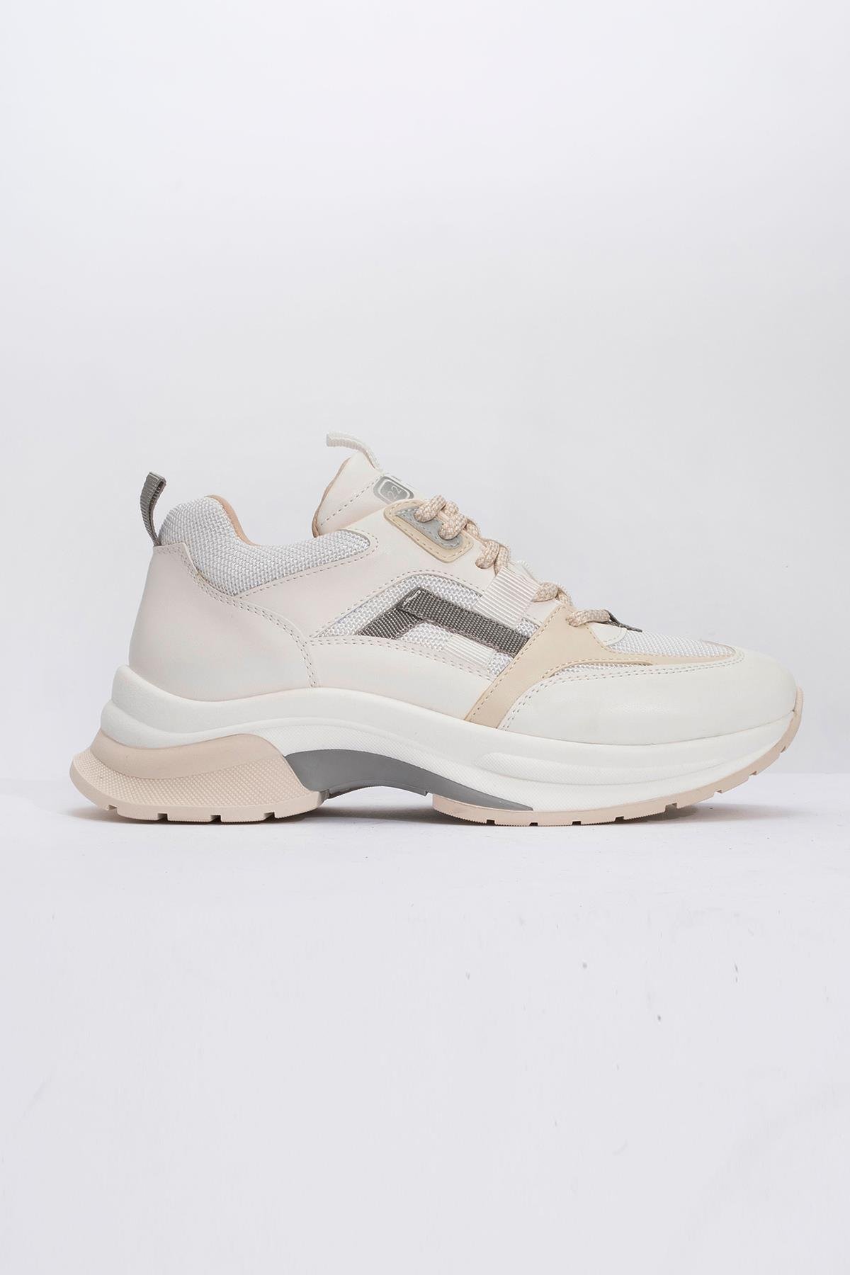98-30165-4-BEYAZ/BEJSTERDA Beyaz Bej Kadın Kalın Taban Spor Sneakers