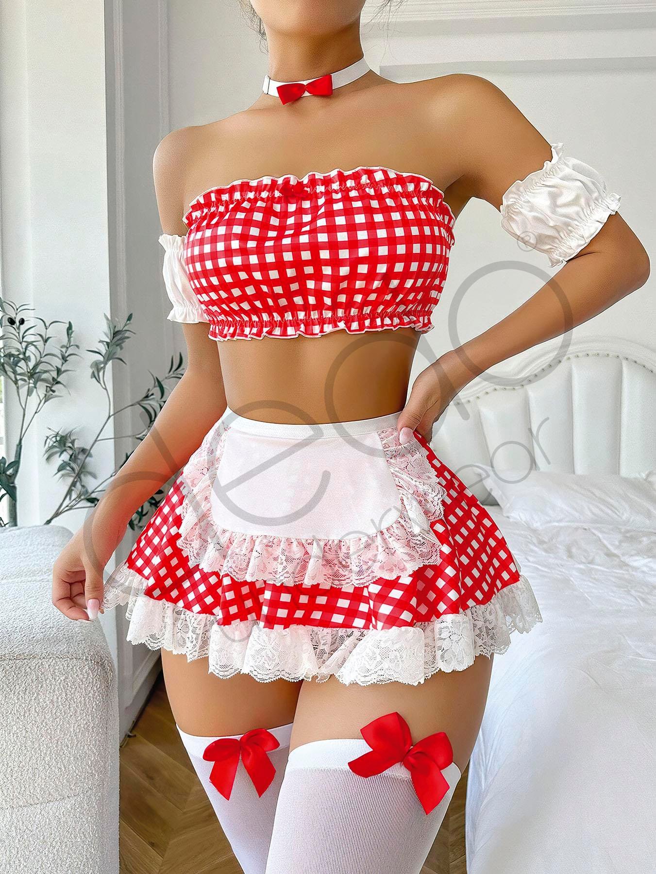 Dedo Mini Kırmızı Puantiyeli Fantazi Hizmetçi Kostümü