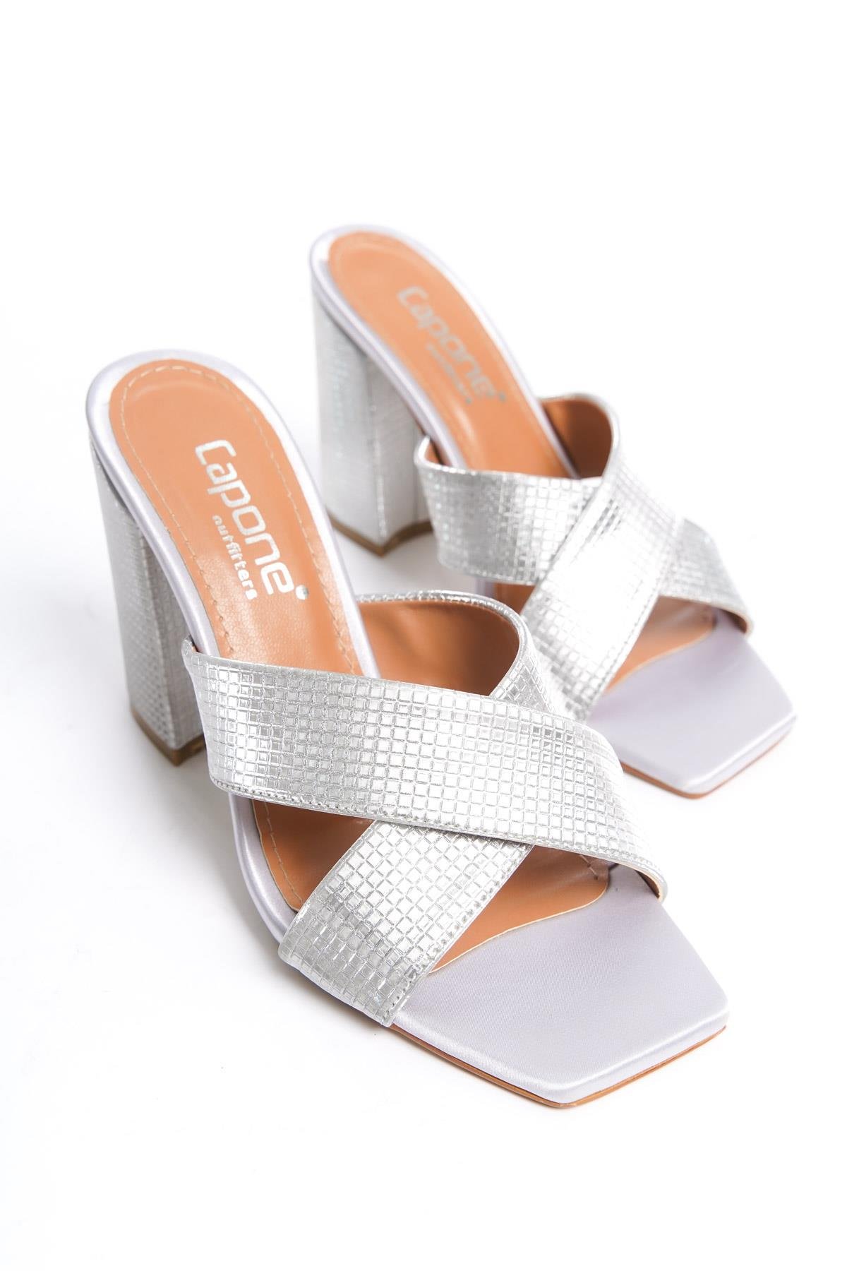 Capone 015 Block Heel Blunt Toe Women Silver Sandals