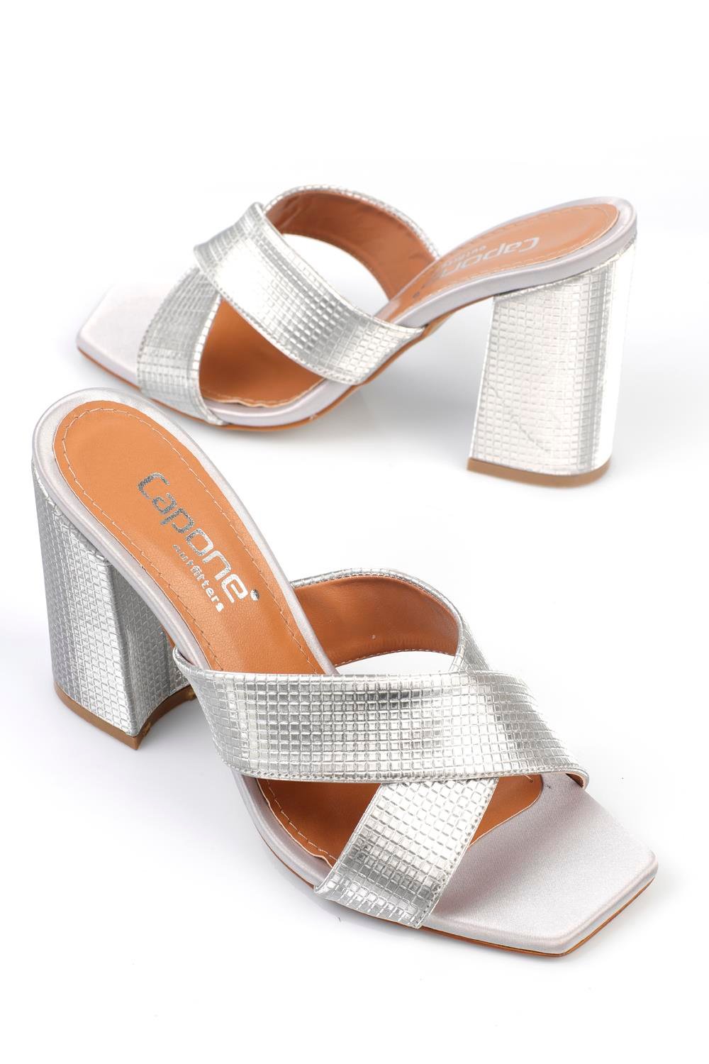 Capone 015 Block Heel Blunt Toe Women Silver Sandals