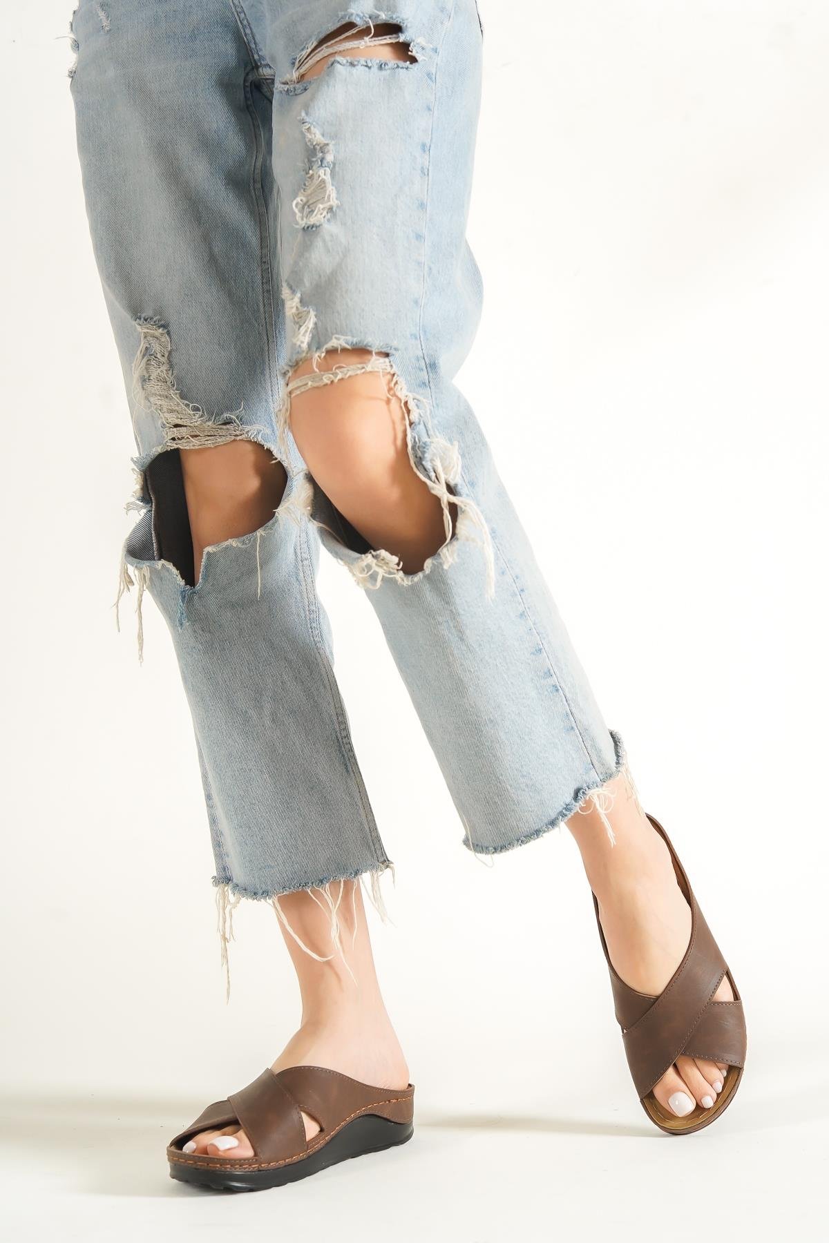 Capone 107001 Women Brown Cross Band Slide Comfort Anatomical Sandals