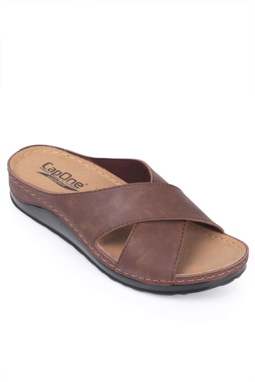 Capone 107001 Women Brown Cross Band Slide Comfort Anatomical Sandals