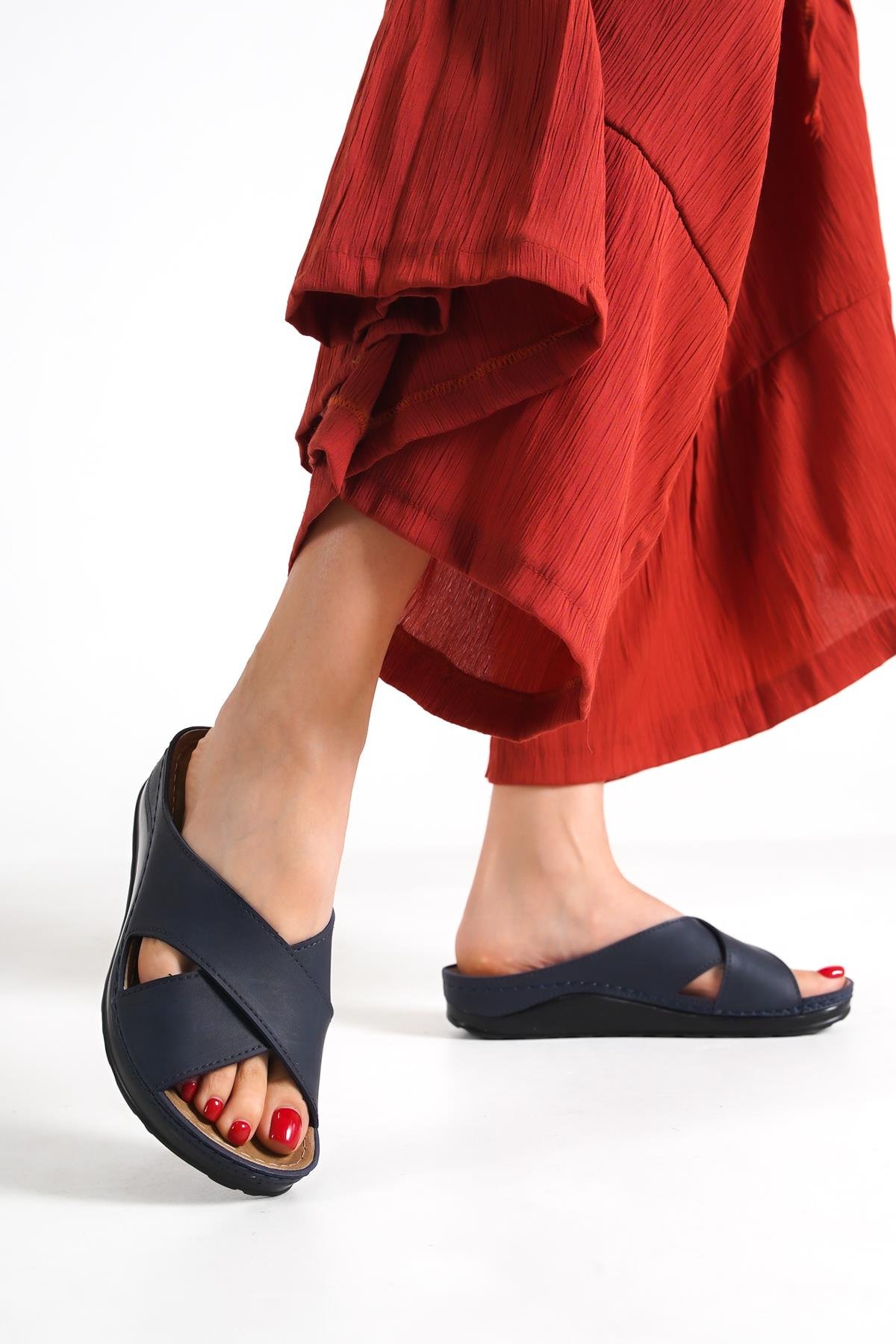 Capone 107001 Women Navy Cross Band Slide Comfort Anatomical Sandals