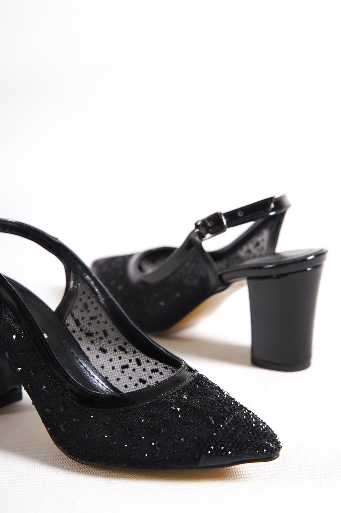 Capone 145 Block Heel Cristal Embellished Slingback Women Black Shoes