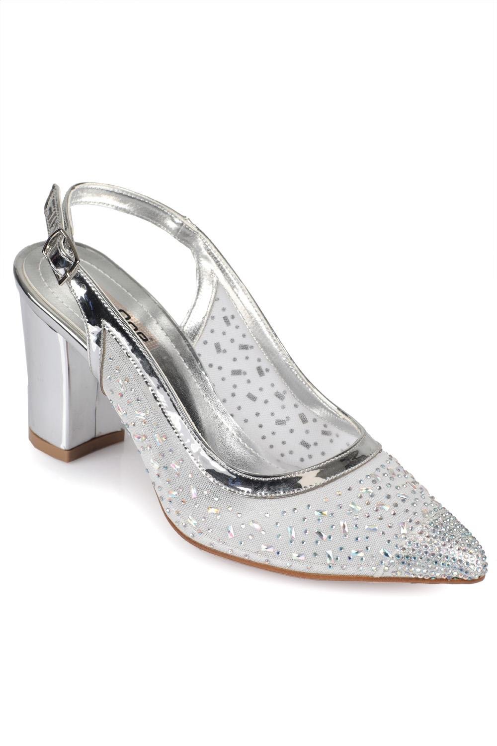 Capone 145 Block Heel Cristal Embellished Slingback Women Silver Shoes
