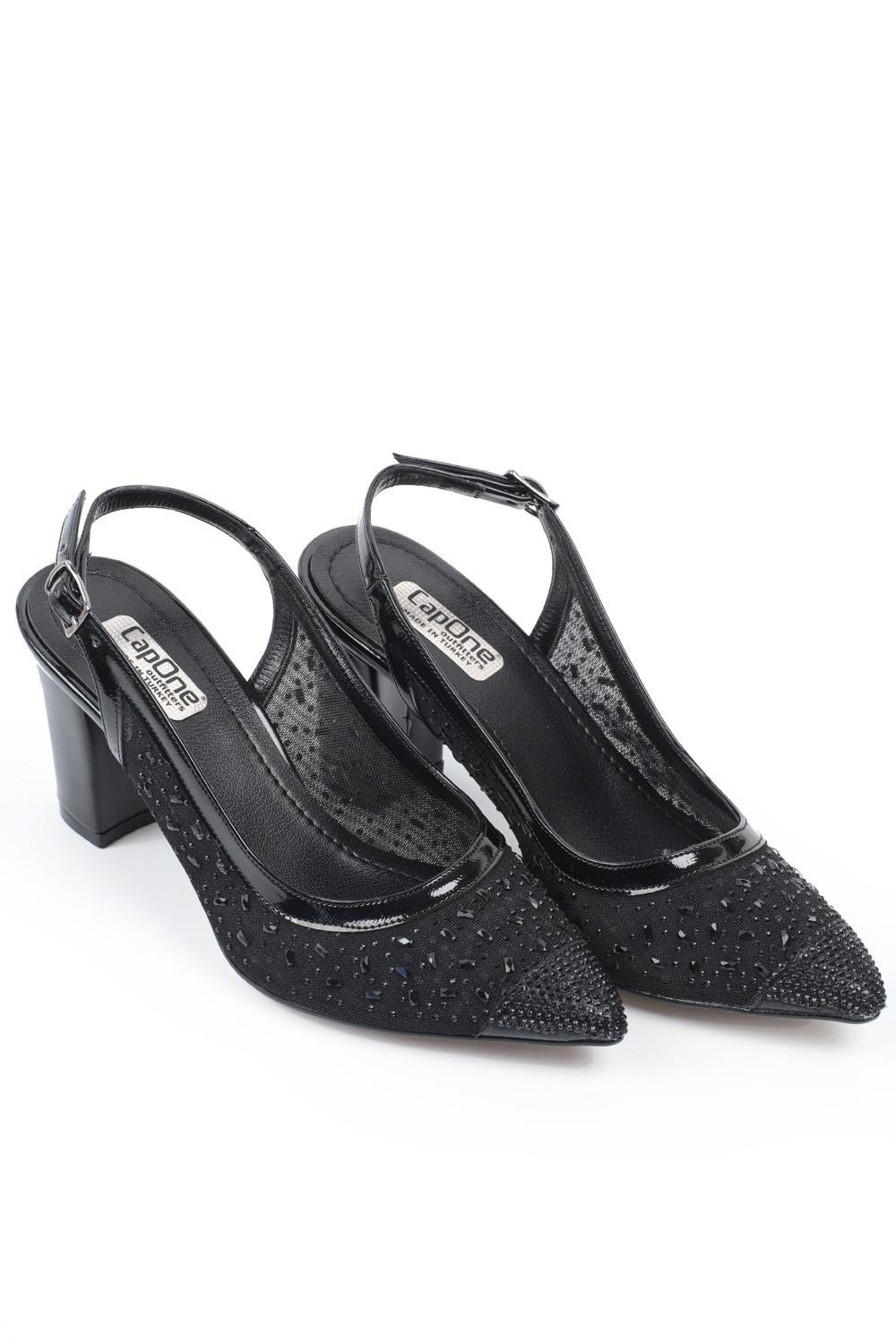 Capone 145 Block Heel Cristal Embellished Slingback Women Black Shoes