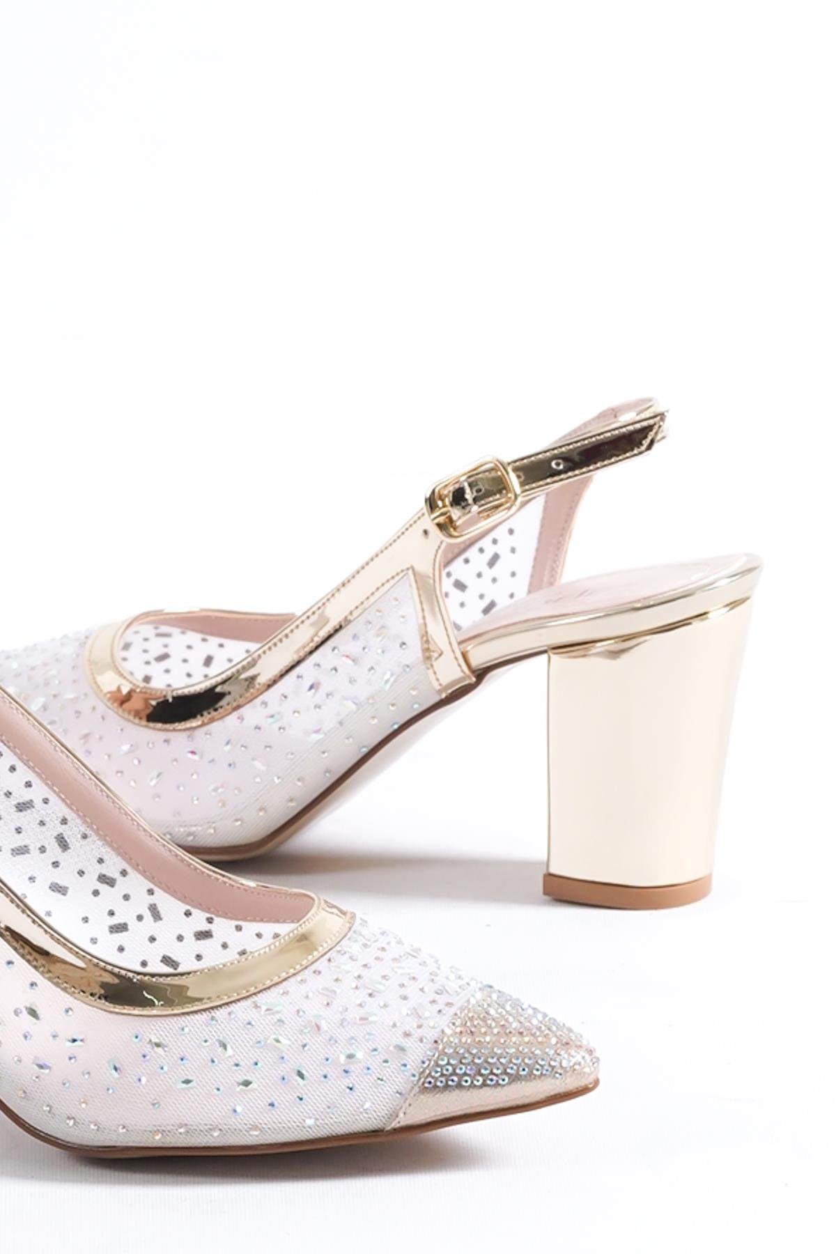 Capone 145 Block Heel Cristal Embellished Slingback Women Gold Shoes