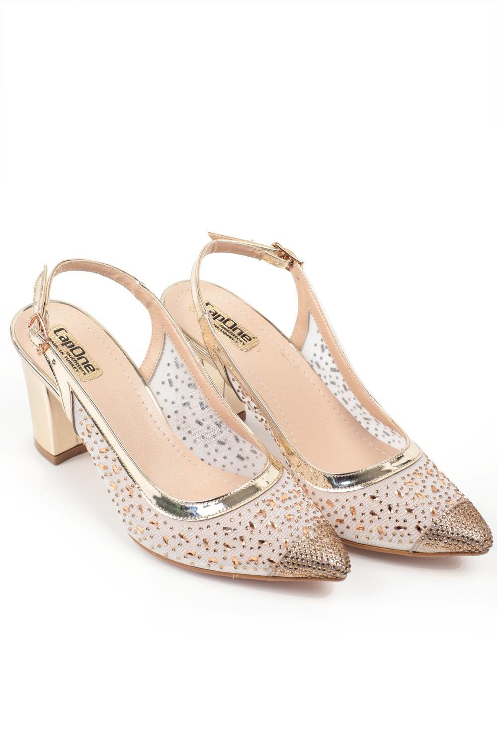 Capone 145 Block Heel Cristal Embellished Slingback Women Gold Shoes