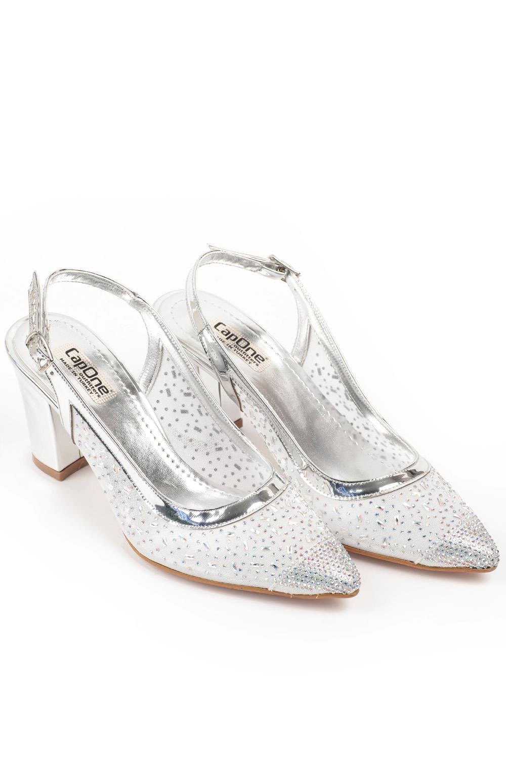 Capone 145 Block Heel Cristal Embellished Slingback Women Silver Shoes